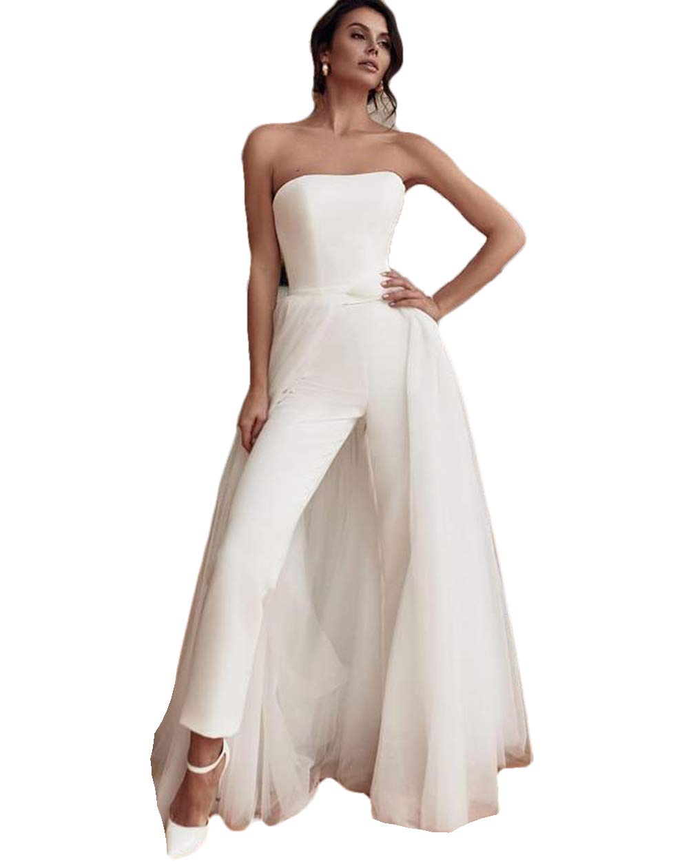 Strapless Ankle-Length Jumpsuit Wedding Dress with Detachable Train - Country Chic Bridal Gown for Outdoor & Rustic Weddings