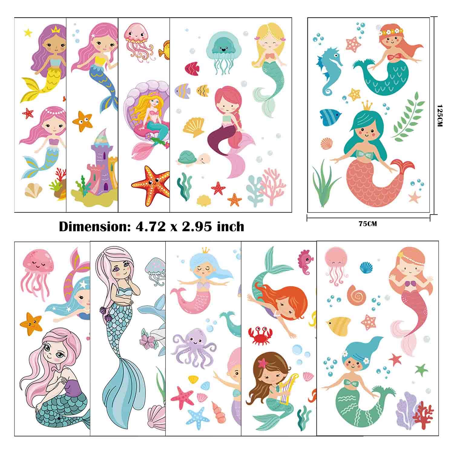 Mermaid Temporary Tattoos for Kids - 80 Assorted Fake Tattoo Designs for Girls Birthday Party Favors, Pool Party & Summer Beach Fun Accessories