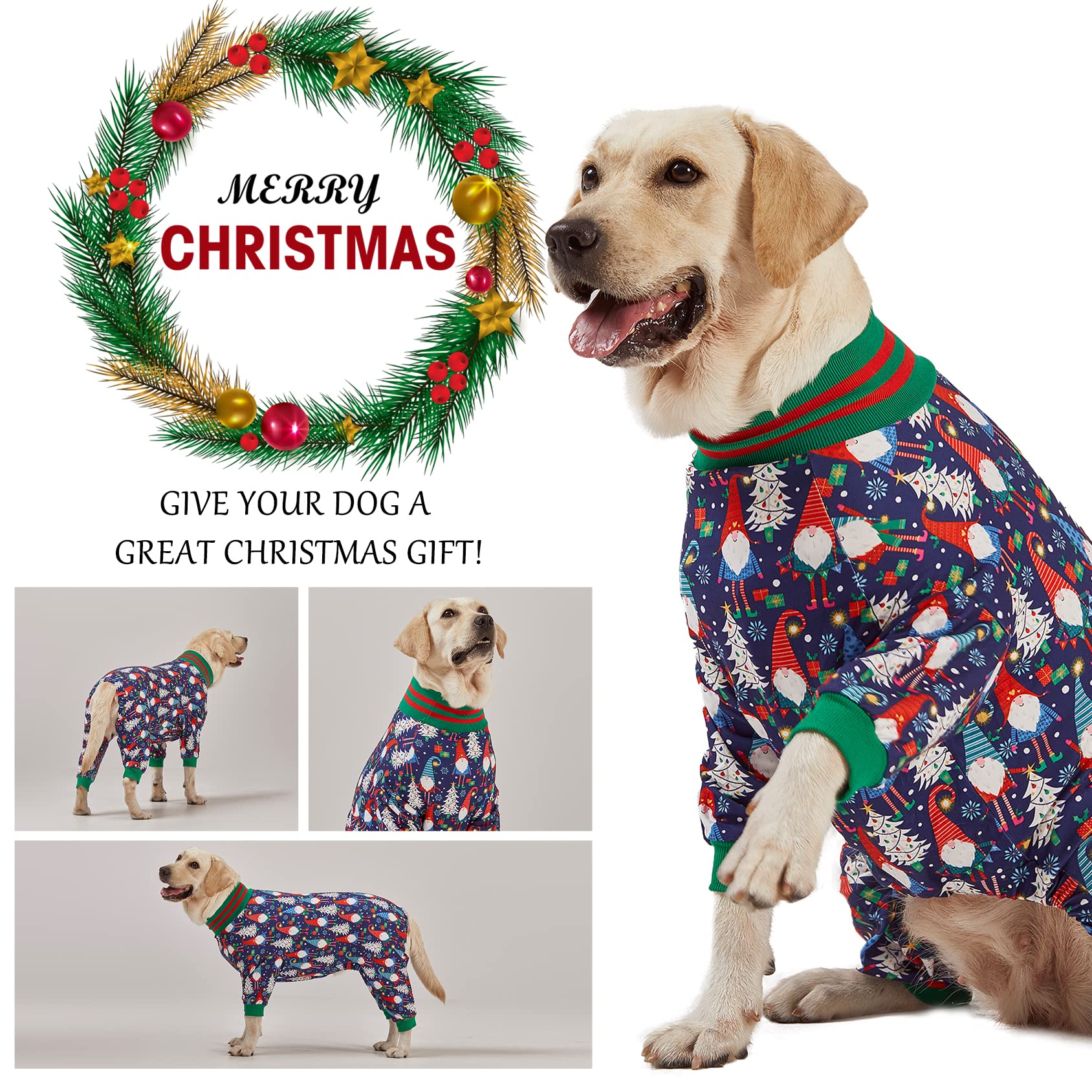 LovinPet Large Dog Christmas Pajamas - Festive Holiday Dog Outfit with Navy Gnome Print, Lightweight Pullover Onesie for Pitbulls & Medium Dogs | Perfect for Christmas Photos & Family Gatherings