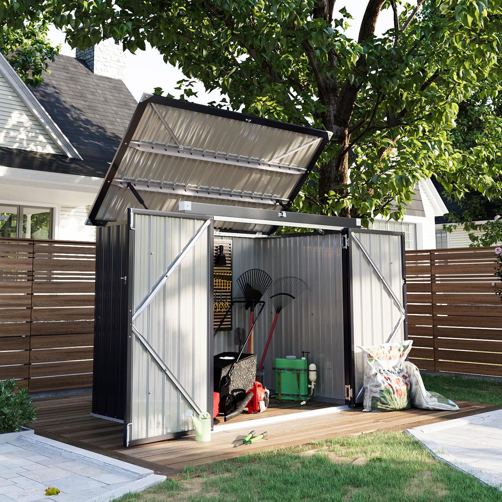 Aoxun 3.3' x 5.6' Waterproof Metal Storage Shed with Chain Lid - Outdoor Organizer for Trash Cans, Toys, Garden Tools - Durable Backyard, Patio & Garden Storage Solution for Home Organization