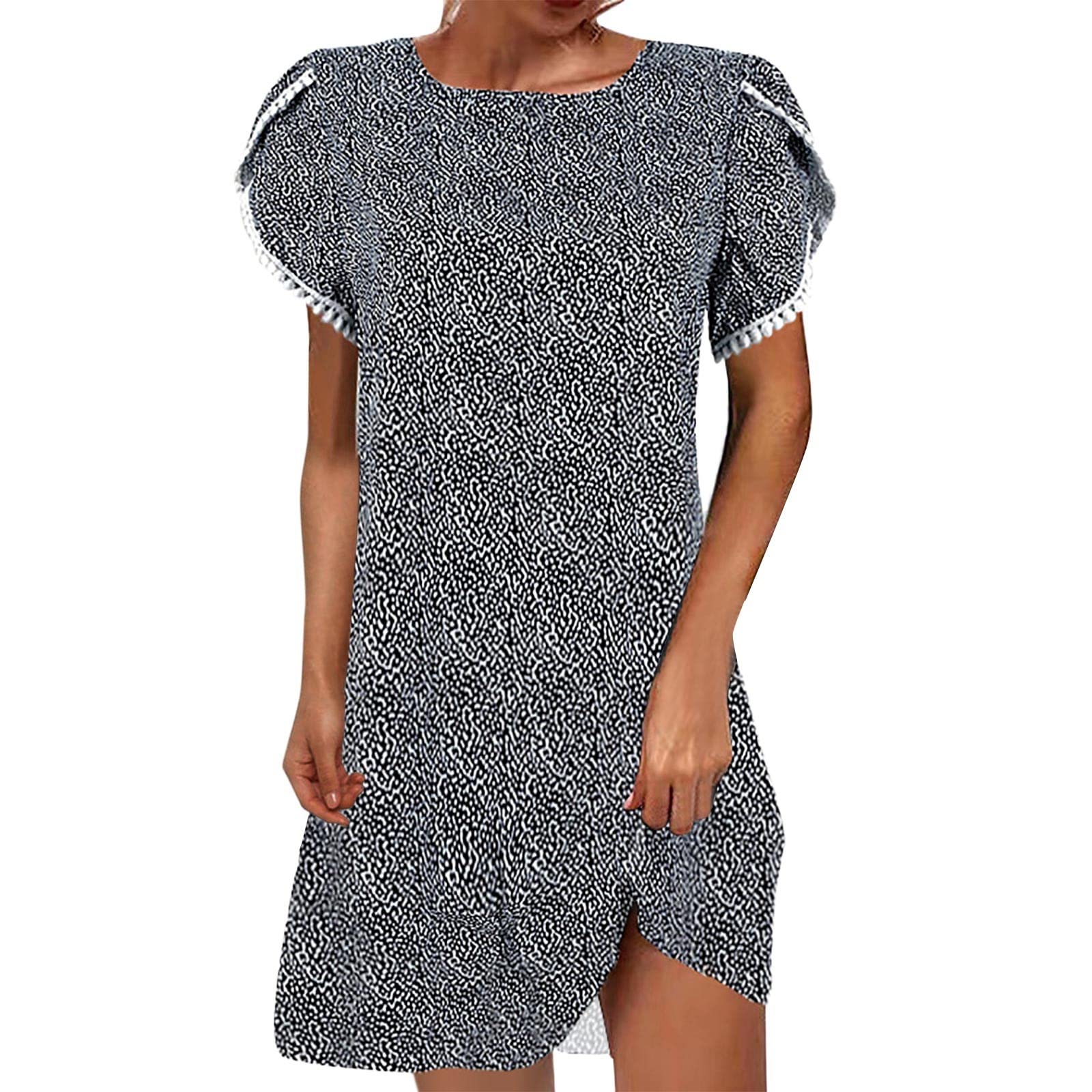 Women's Summer Casual Floral Print Round Neck Short Sleeve Lace Trim Dress - Perfect for Beach Vacations, Garden Parties & Everyday Wear