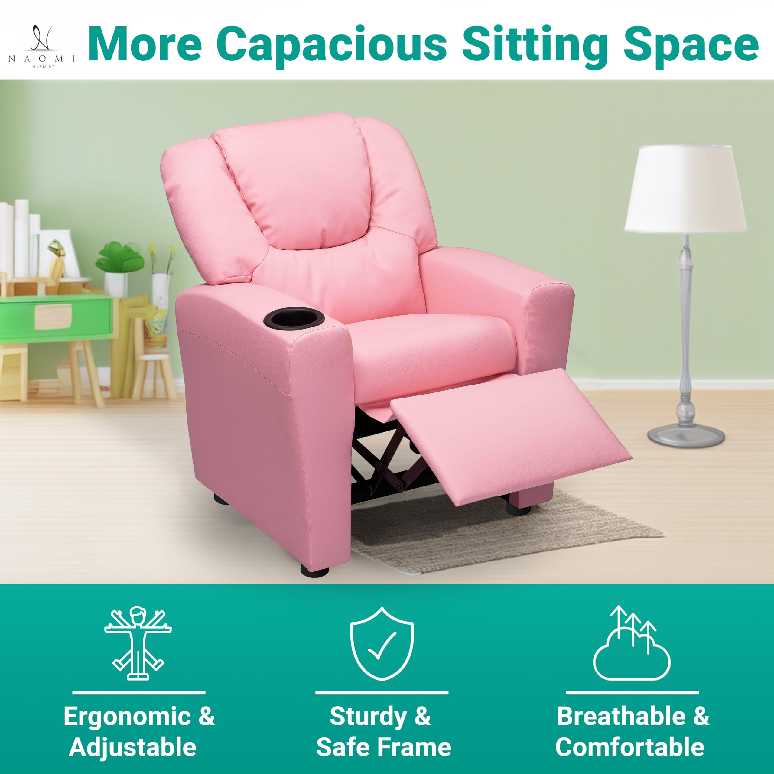 Naomi Home Suri Push Back Kids Recliner Chair with Footrest & Cup Holders - Toddler Recliner for Boys & Girls Ages 3+ (Pink) - Perfect for Playrooms, Bedrooms & TV Time - Durable PVC Kids Furniture for Relaxing & Snacking