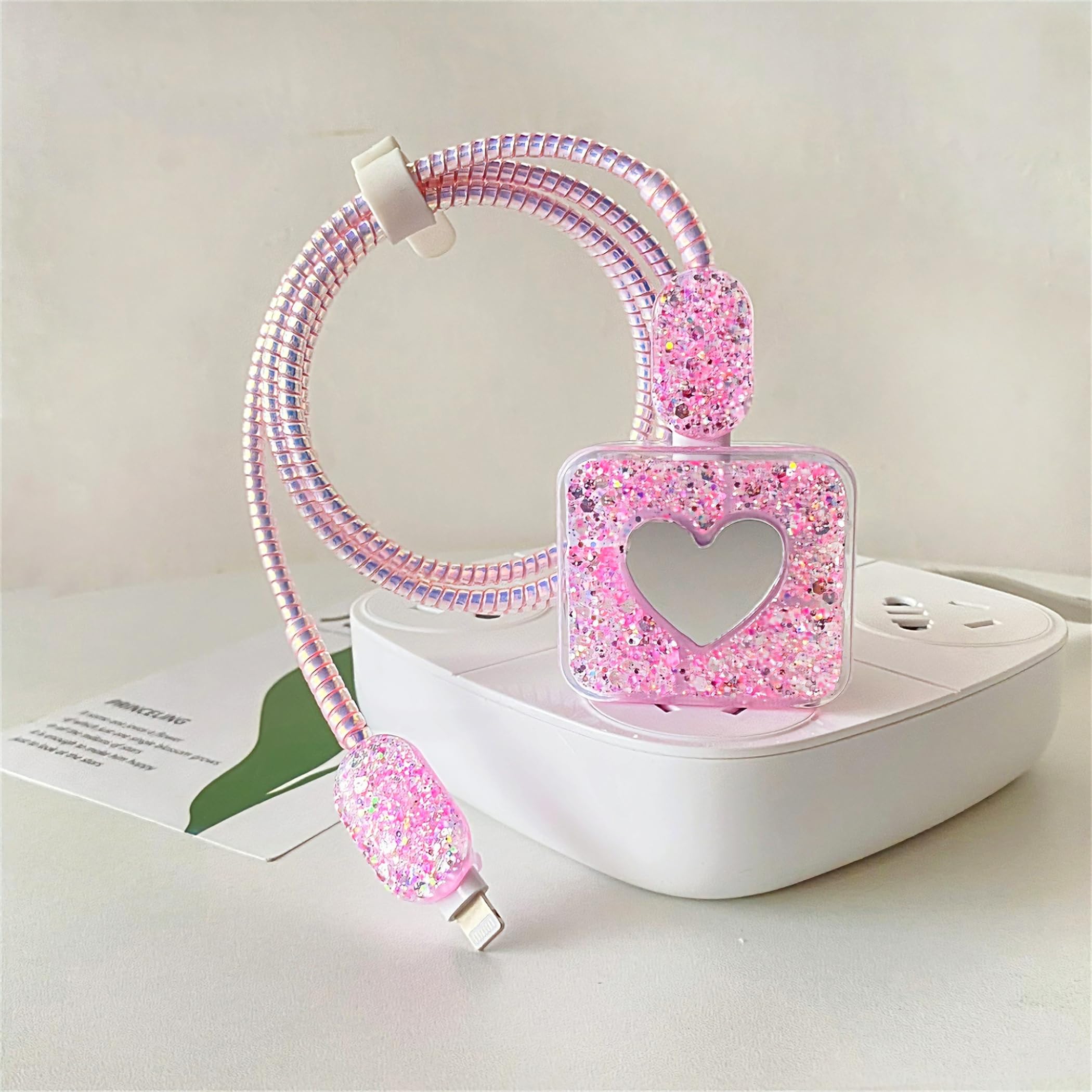 Premium iPhone 18W/20W Charger Cable Protector - Cute Heart Mirror Design, Soft Cord Saver for Women & Girls (Pink) | Perfect for Home, Office & Travel Accessories