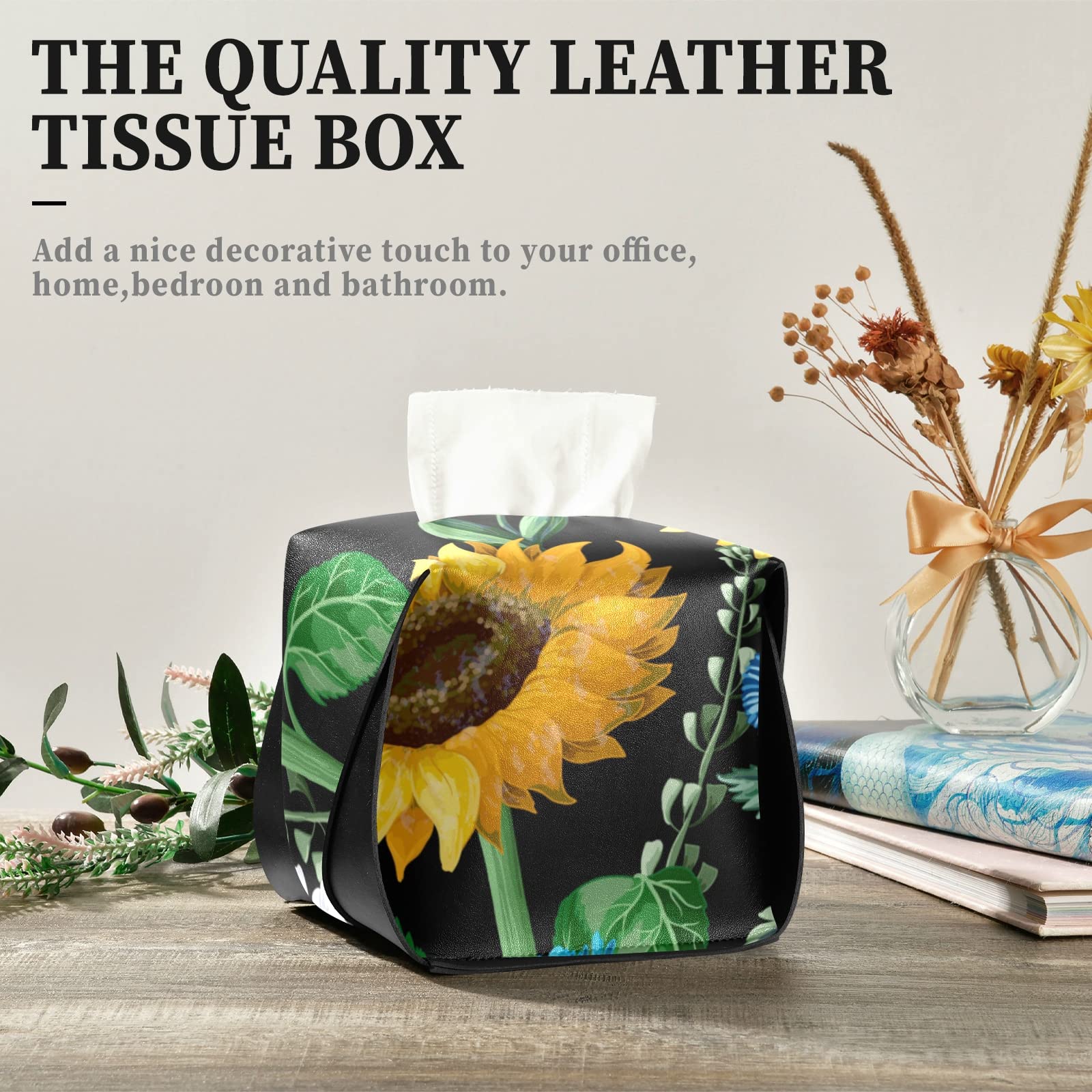 **Seamless Black Leather Tissue Box Cover with Yellow Sunflowers & Green Leaves - 5.7x5.7x5.7 in - Perfect for Bathroom, Home, Office Desk, Nightstand & Car**    *(Use Case: Stylish & functional tissue box cover for home decor, bathroom essentials, office organization, or car accessories.)*