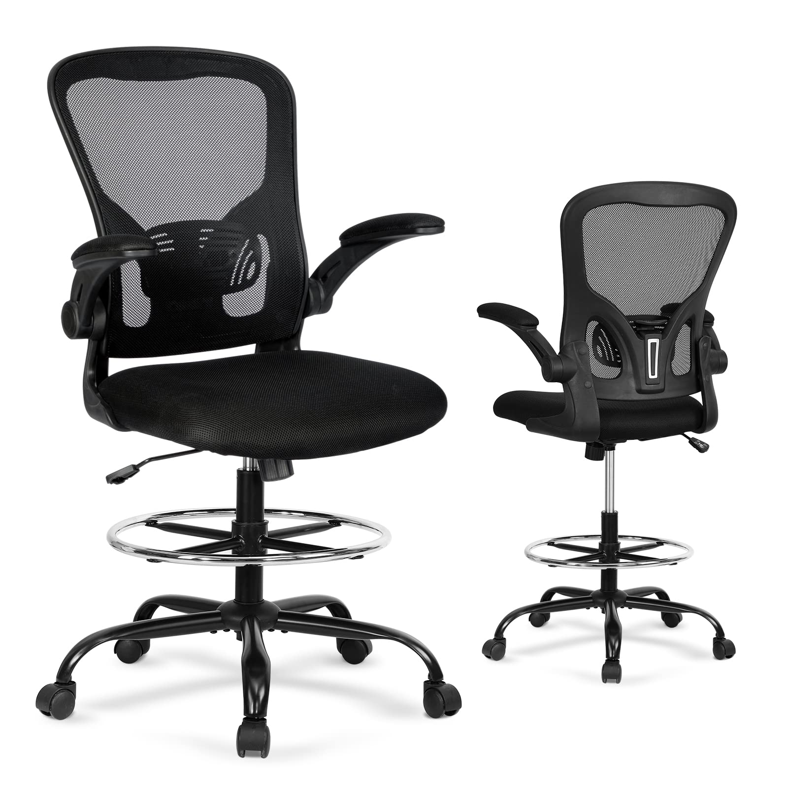Ergonomic Drafting Chair with Flip-Up Arms & Adjustable Foot Ring - Tall Office Chair for Standing Desks, Mesh Computer Chair for Conference Rooms - Executive Rolling Swivel Stool for Home & Office Workspaces - Perfect for Architects, Designers & Long Work Sessions