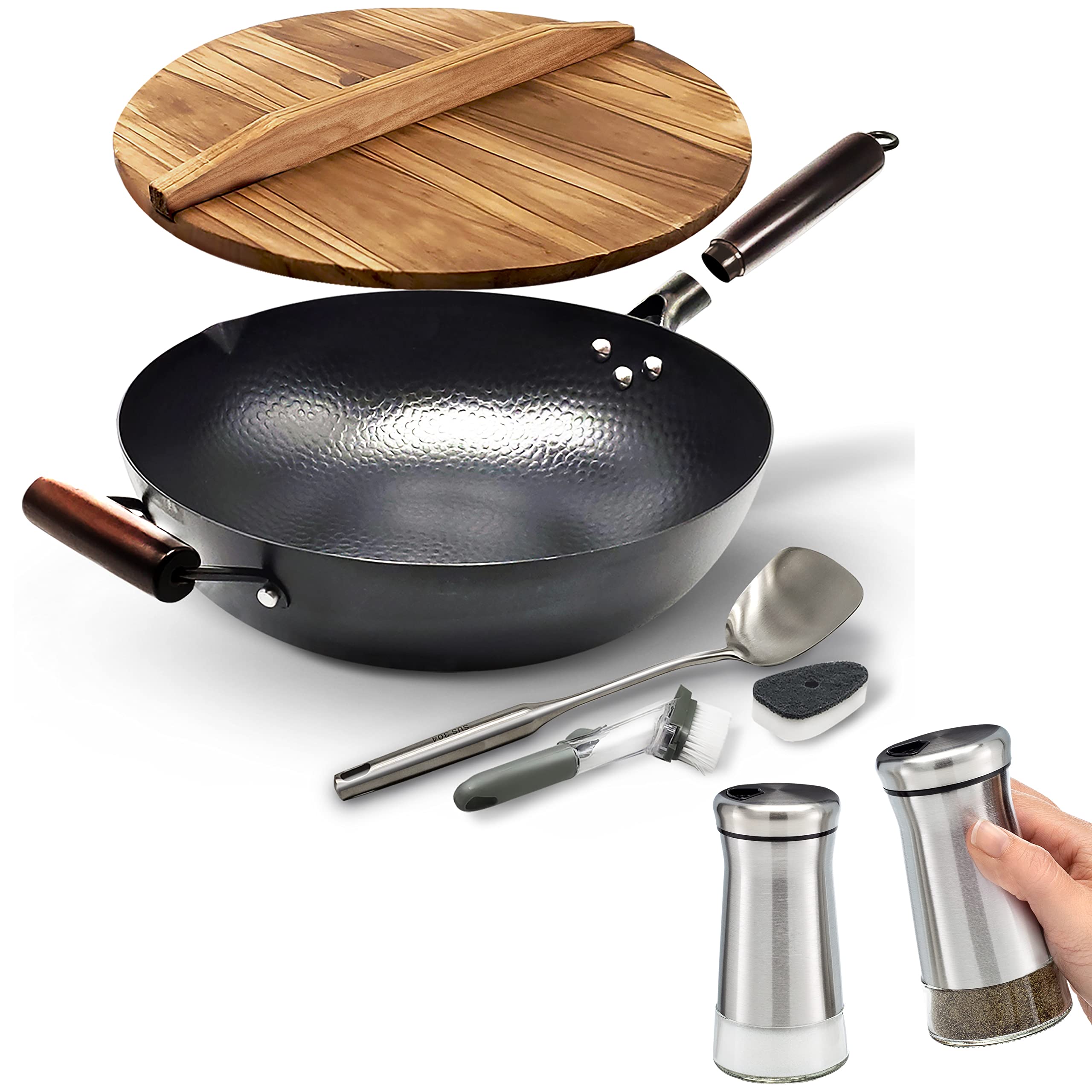 Premium Carbon Steel Wok & Salt Pepper Shaker Set - Professional Stir Fry Pan with Bamboo Handle & Glass Spice Shakers - Perfect for Asian Cooking, Home Kitchen & Restaurant Use