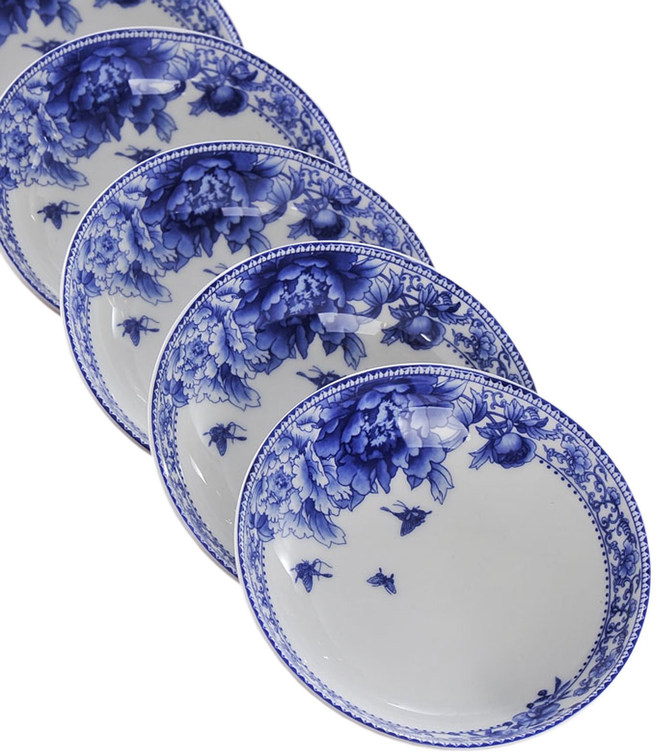 4-Pack 4-Inch Small Round Plates - Premium Bone China Soy Sauce & Dessert Dishes - Blue Floral Design - Elegant Tea & Coffee Cup Saucers - Perfect for Asian Cuisine, Dessert Serving, and Afternoon Tea Parties