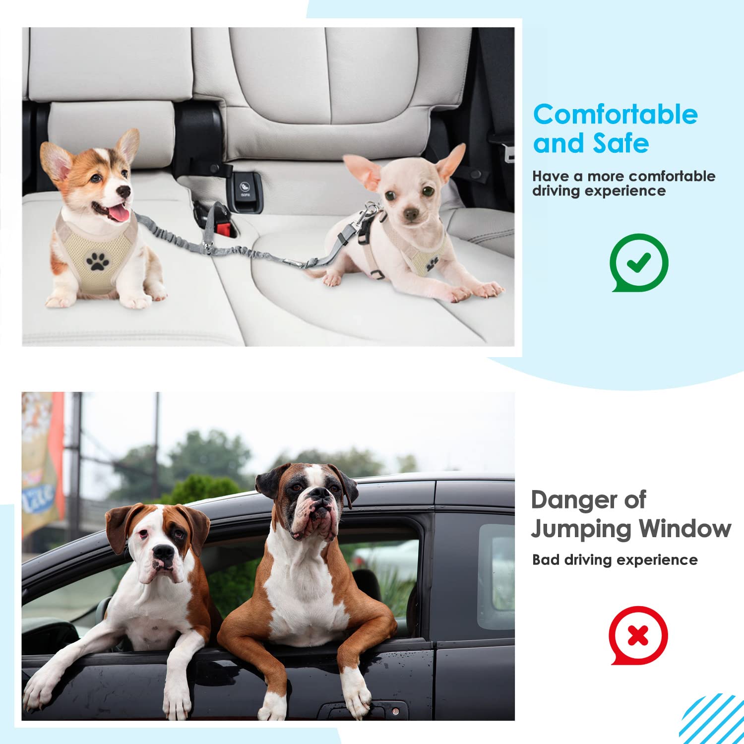 SlowTon Adjustable Double Dog Seat Belt - Elastic Bungee Buffer & Reflective Y-Shape Harness for Safe Car Travel | No Tangle Two-Pet Vehicle Safety Leash | Perfect for Road Trips, Vet Visits & Daily Commutes (Grey, Small)