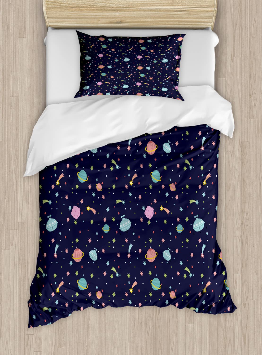 Ambesonne Space Themed Duvet Cover Set - Twin Size 2-Pack with Alien Planets, Shooting Stars, Galaxy Print - Includes 2 Duvet Covers & 2 Pillowcases - Perfect for Kids' Room, Space Enthusiasts & Themed Bedrooms