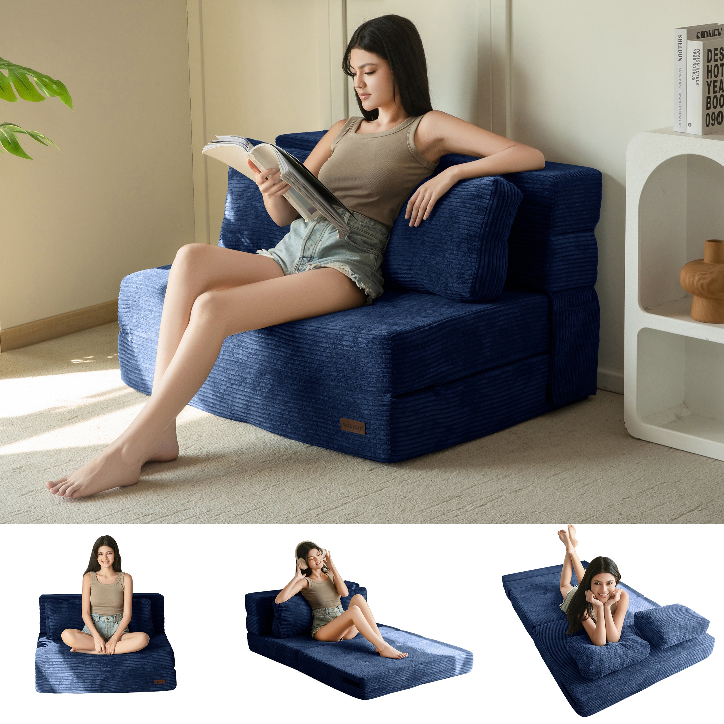 MAXYOYO 3-in-1 Convertible Sofa Bed - Fold Out Single Sleeper Sofa with Pillow, Foam Floor Couch & Lazy Chair for Living Room, Bedroom, Guest Room (Navy Blue) | Perfect for Small Spaces, Overnight Guests & Relaxing