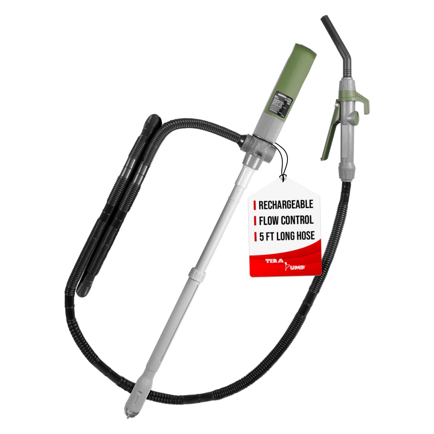 TERA PUMP 12V Rechargeable Fuel Transfer Pump - 3.1 GPM Flow Rate with Quick Flow Control Nozzle & Telescopic Tube - 5FT Discharge Hose - Portable Battery Pump for Gas, Diesel, Water - Ideal for Home, Farm, RV, Boat and Emergency Fuel Transfer