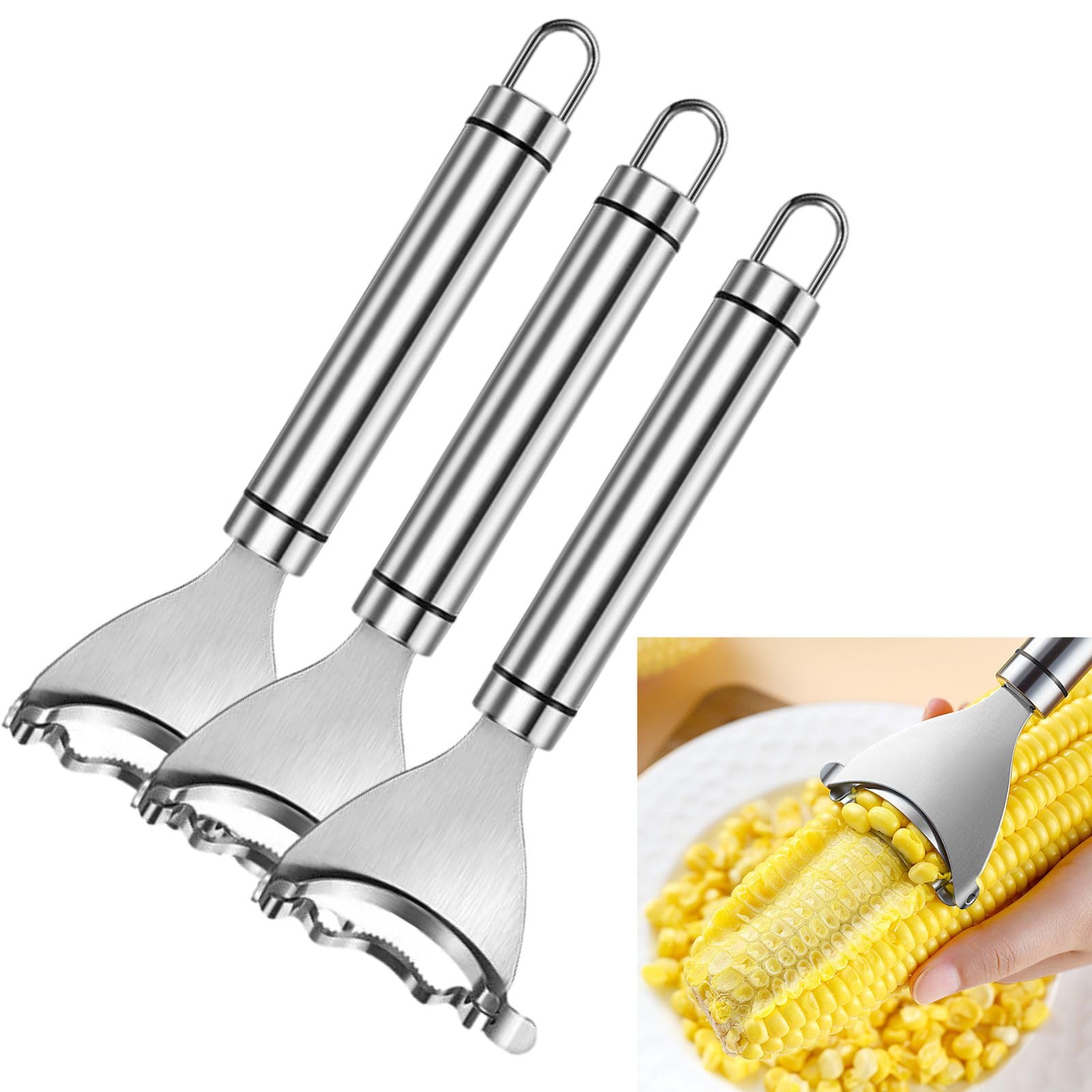 3PCS Stainless Steel Corn Peeler & Stripper Tool - Efficient Corn Cob Planer Cutter & Thresher for Fresh Corn - Perfect for Home Kitchens, BBQs, and Farm Use
