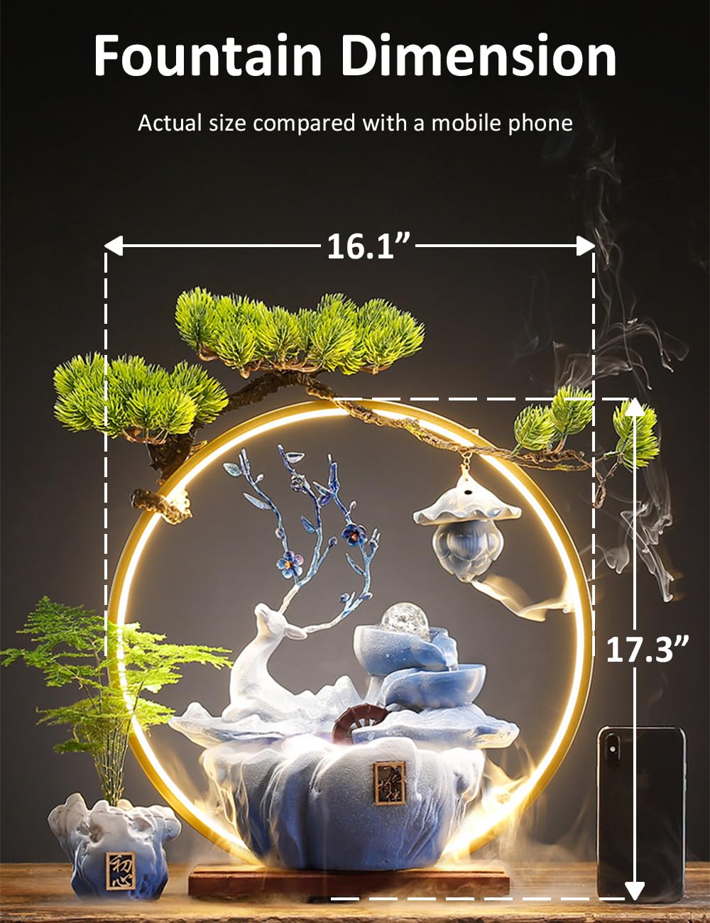 Deer Tabletop Water Fountain with LED Mist Light & Backflow Incense - Japanese Zen Decor for Home, Office, Living Room, Bedroom - Perfect for Meditation, Relaxation & Stress Relief (Blue)