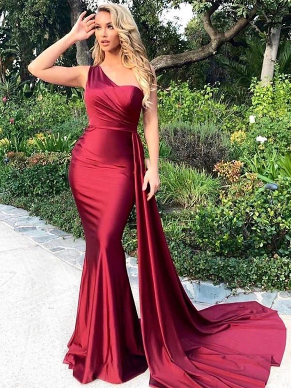 Elegant One Shoulder Prom Dresses Long Mermaid Satin Bridesmaid Gowns for Women - Formal Evening Dresses with Train for Weddings, Galas & Special Occasions