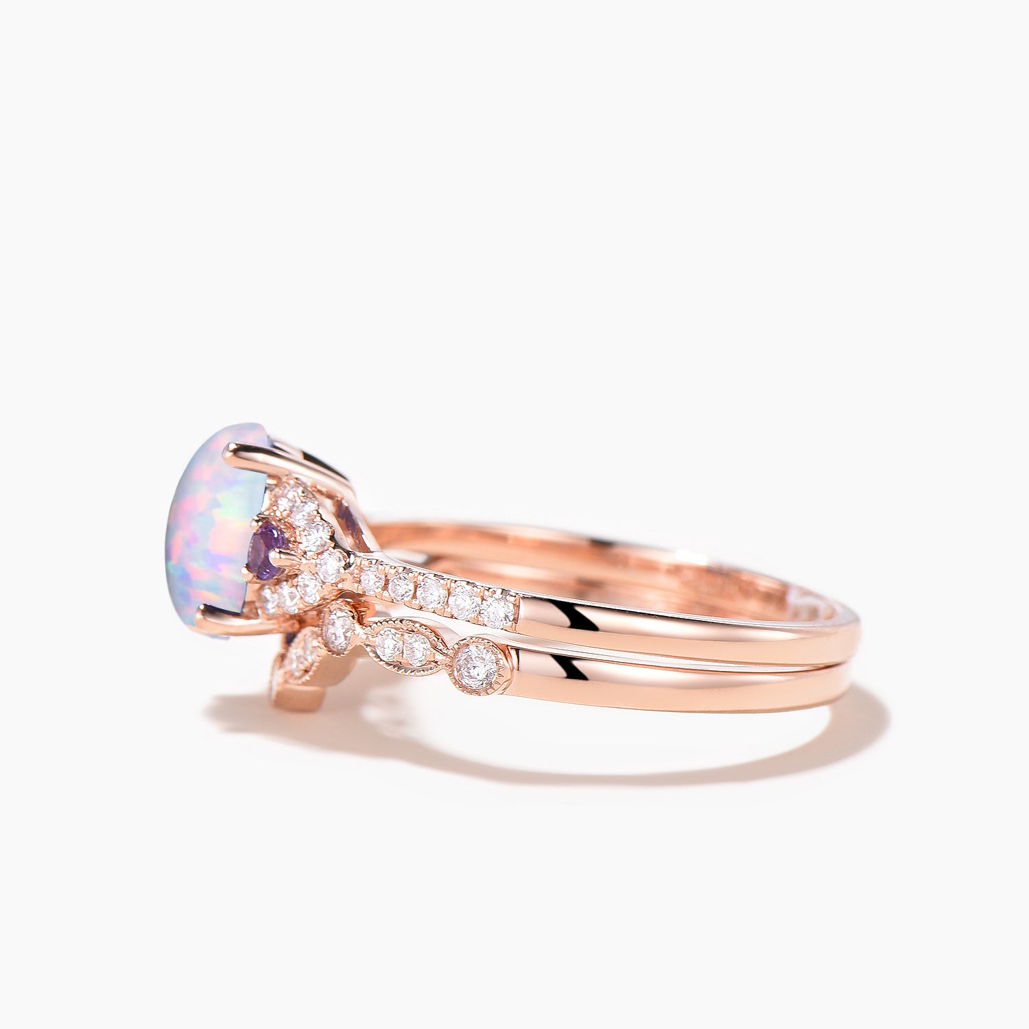 Oval Cut Opal & Amethyst Cluster Engagement Ring - Half Eternity Diamond Wedding Band Set for Brides | Perfect for Proposals, Anniversaries & Romantic Occasions