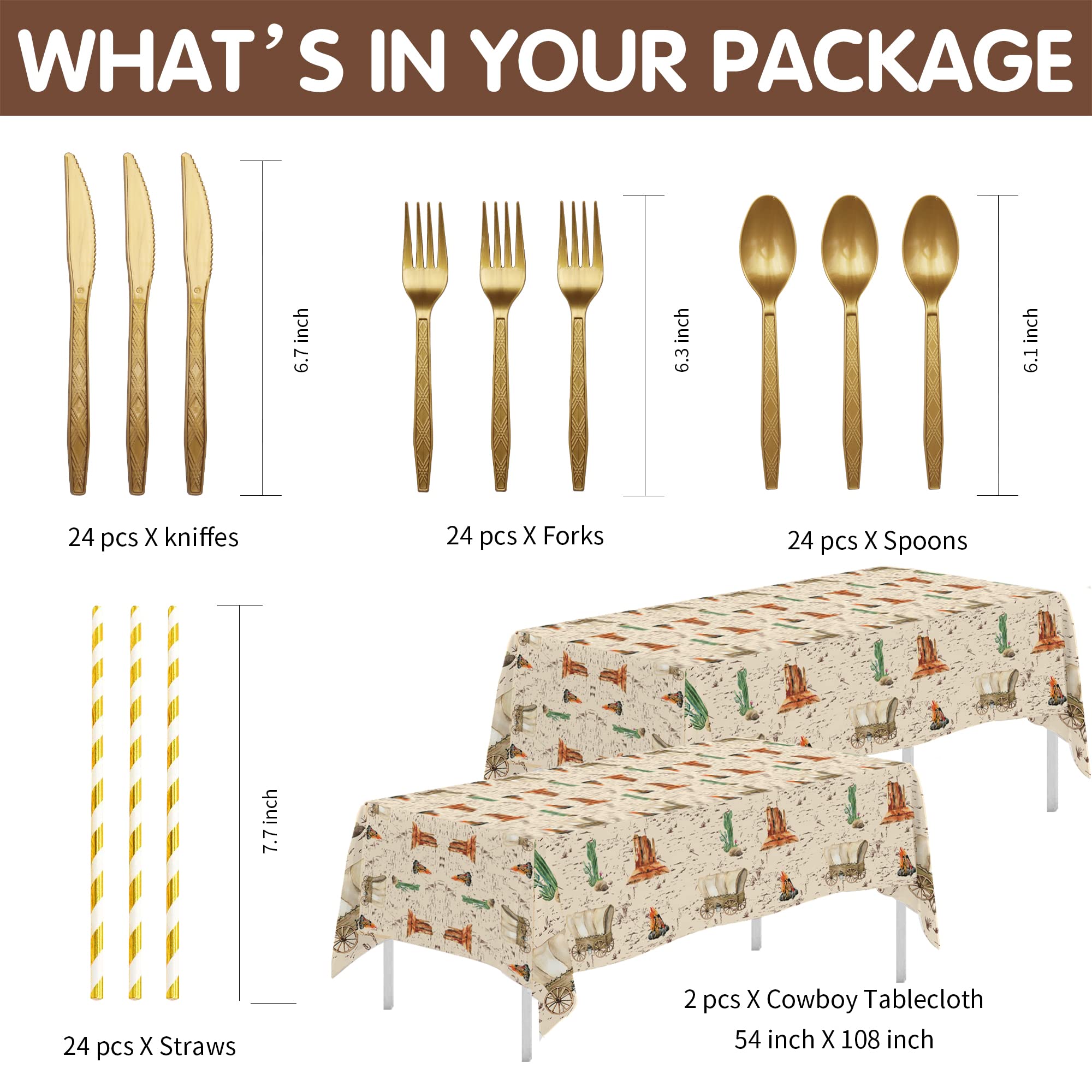 Western Cowboy Party Decorations & Tableware Set - Wild West Birthday, Baby Shower & Rodeo Party Supplies (Plates, Cups, Napkins, Tablecloth, Cutlery, Straws) | 24-Piece Dinnerware for Western Themed Events, Cowboy BBQs & Ranch Parties