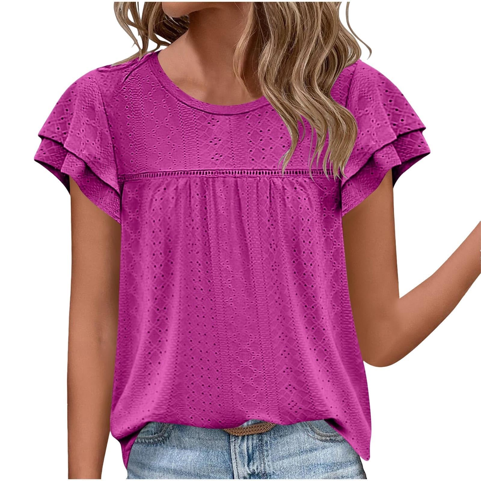 Women's Summer Eyelet Tops - Trendy Flowy Crewneck Shirts with Ruffle Sleeves - Loose Comfortable Blouses for Beach, Vacation & Casual Wear