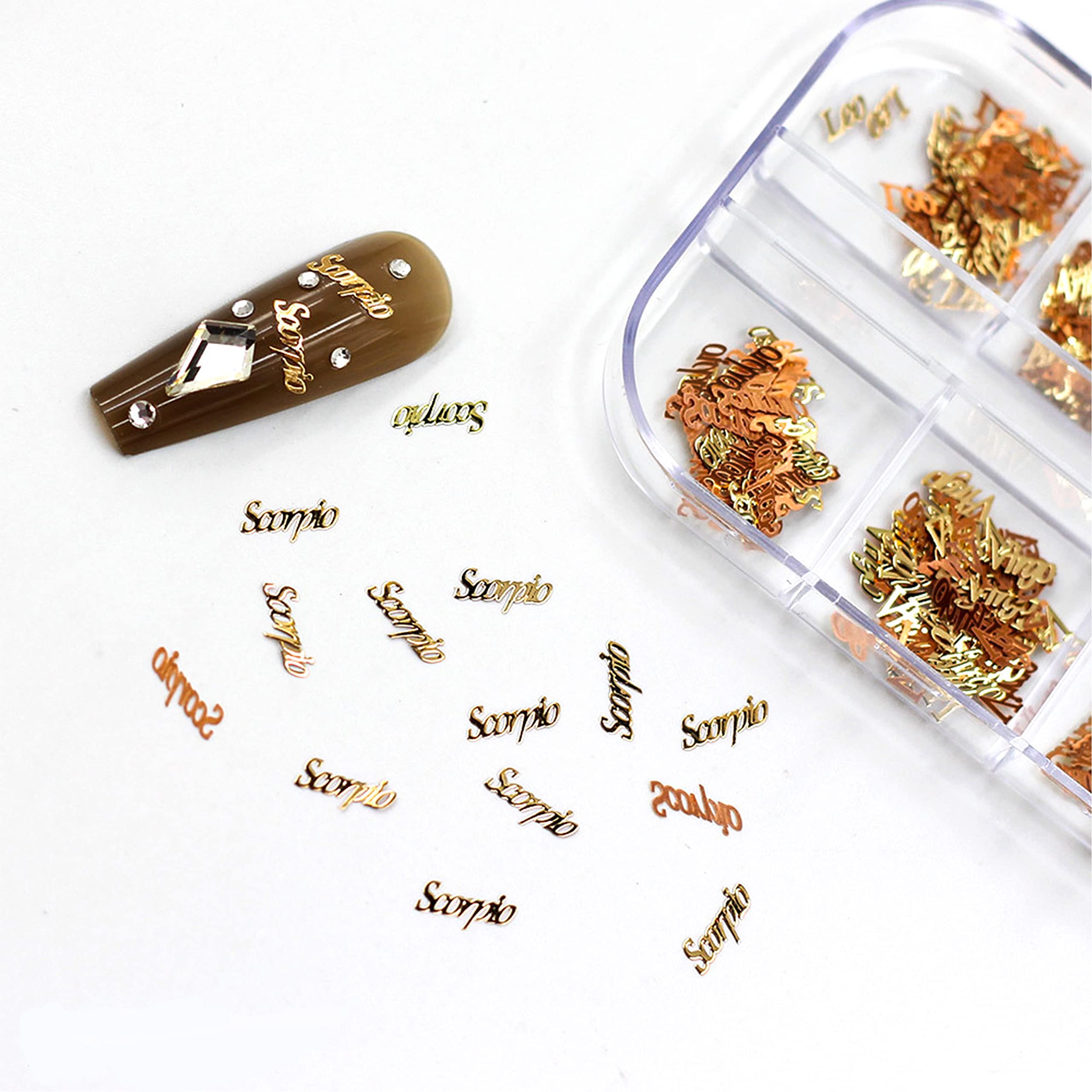 2 Boxes 1200pcs Zodiac Nail Art Charms - Twelve Constellation Gold Nail Stickers & Sequins for Nail Art Decoration | Perfect for DIY Manicures, Salon Nail Designs, and Zodiac-Themed Nail Art