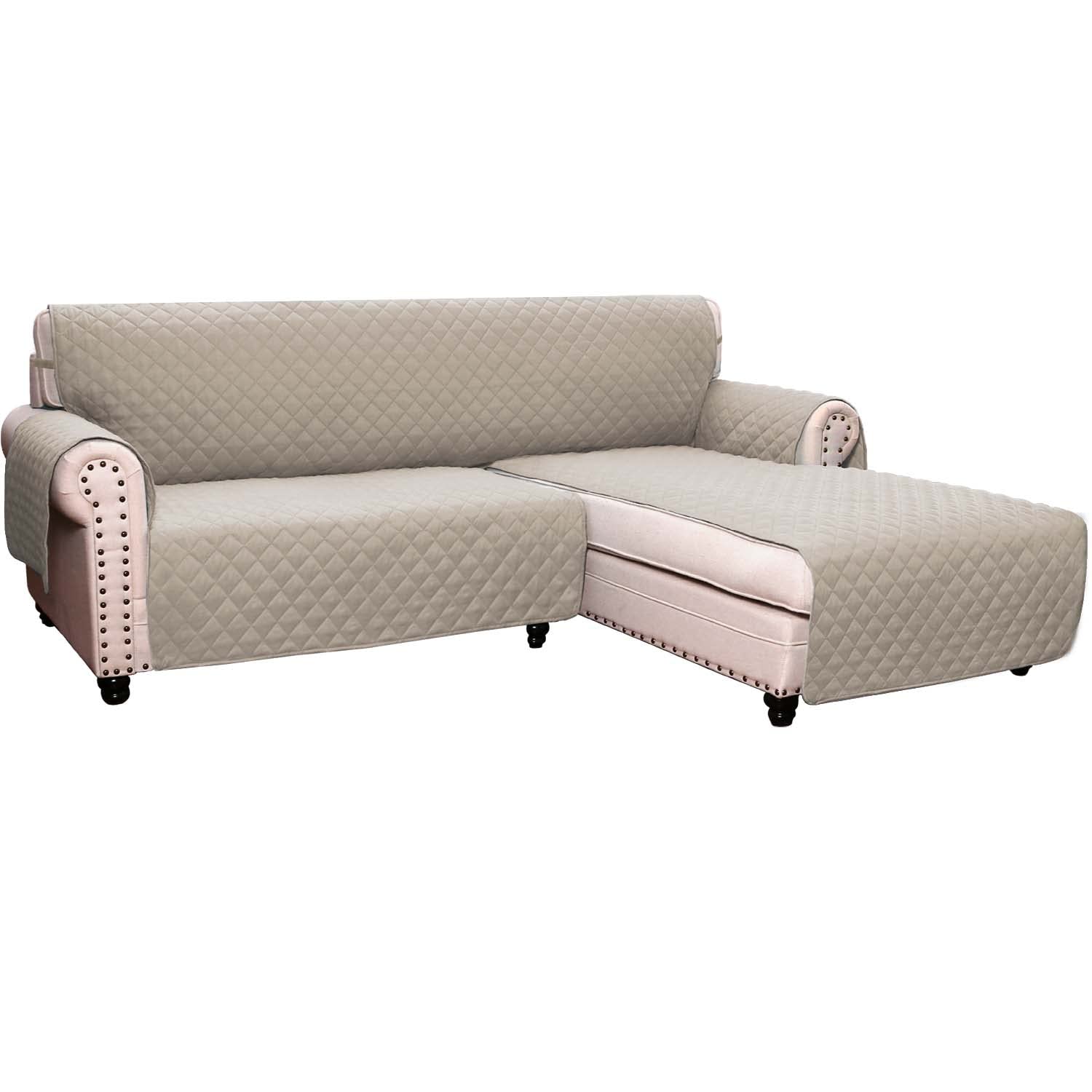 Reversible L-Shaped Sofa Slipcover - Stretchable Sectional Couch Cover with Chaise Lounge & Corner Protector for Pets - Medium Size in Khaki - Perfect for Living Room, Family Room & Pet-Friendly Homes