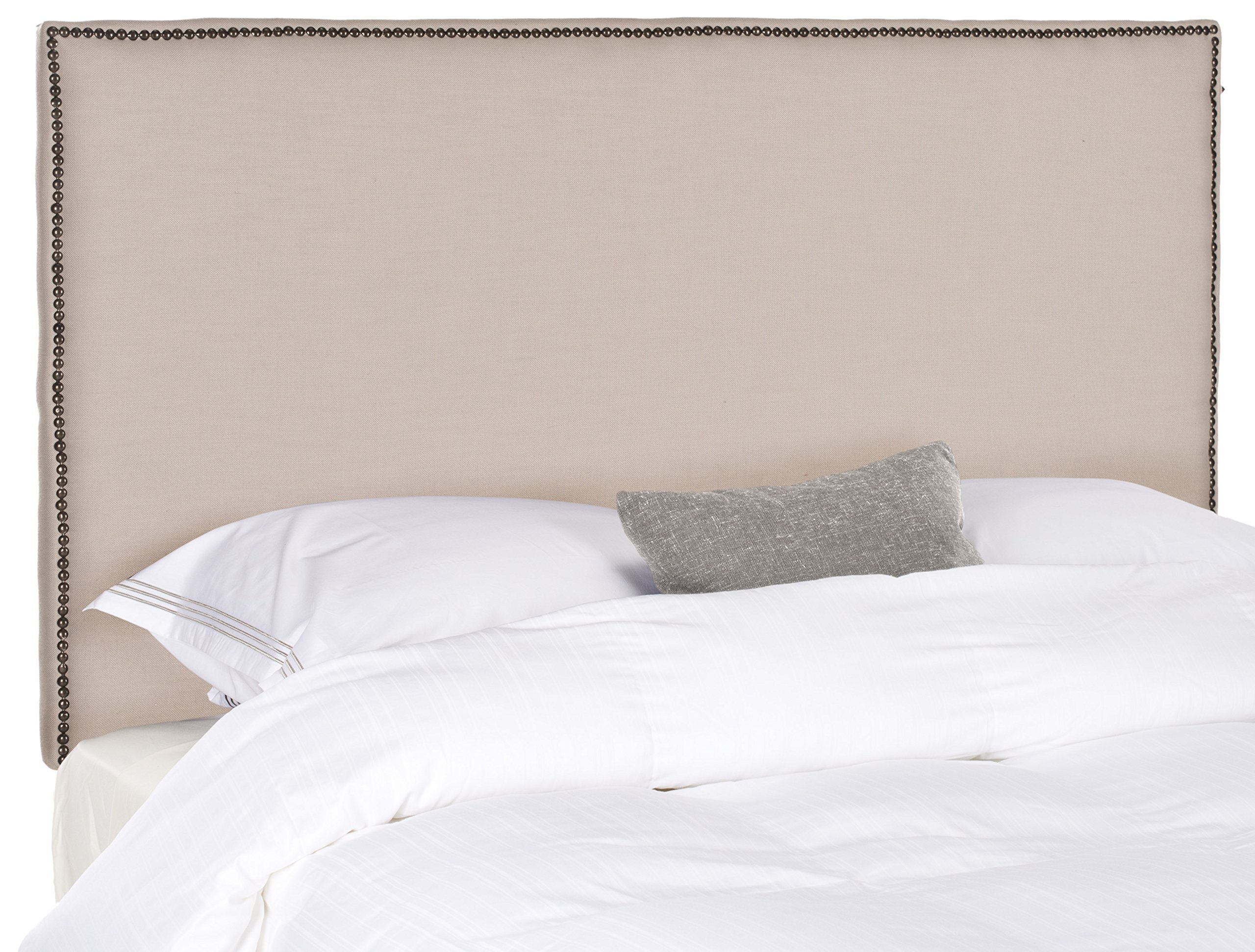 Safavieh Sydney Taupe Linen Upholstered Headboard with Brass Nailhead Trim - Full Size Bed Frame Headboard for Master Bedroom & Guest Room Decor
