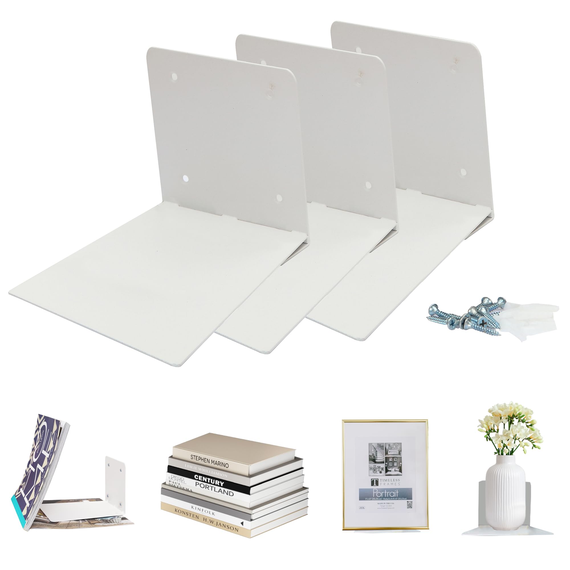 Floating Bookshelves Wall Mounted - Heavy Duty Steel, White 3-Pack - Perfect for Bedroom & Office Storage