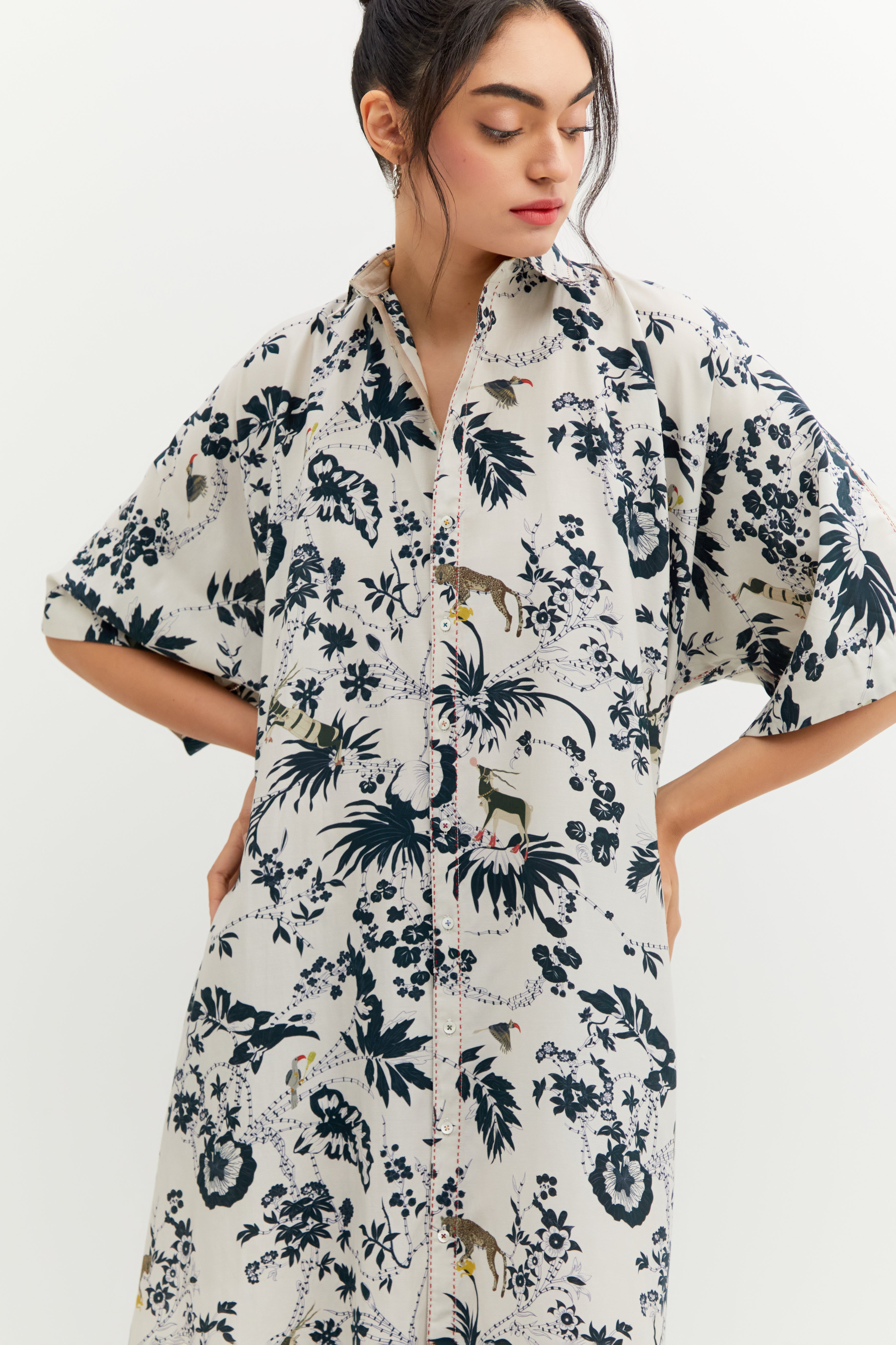 SD Rainforest Haseena Dress - Cotton Silk Blend Black & White Floral Print - Perfect for Boho Chic Outfits, Beach Vacations & Summer Festivals
