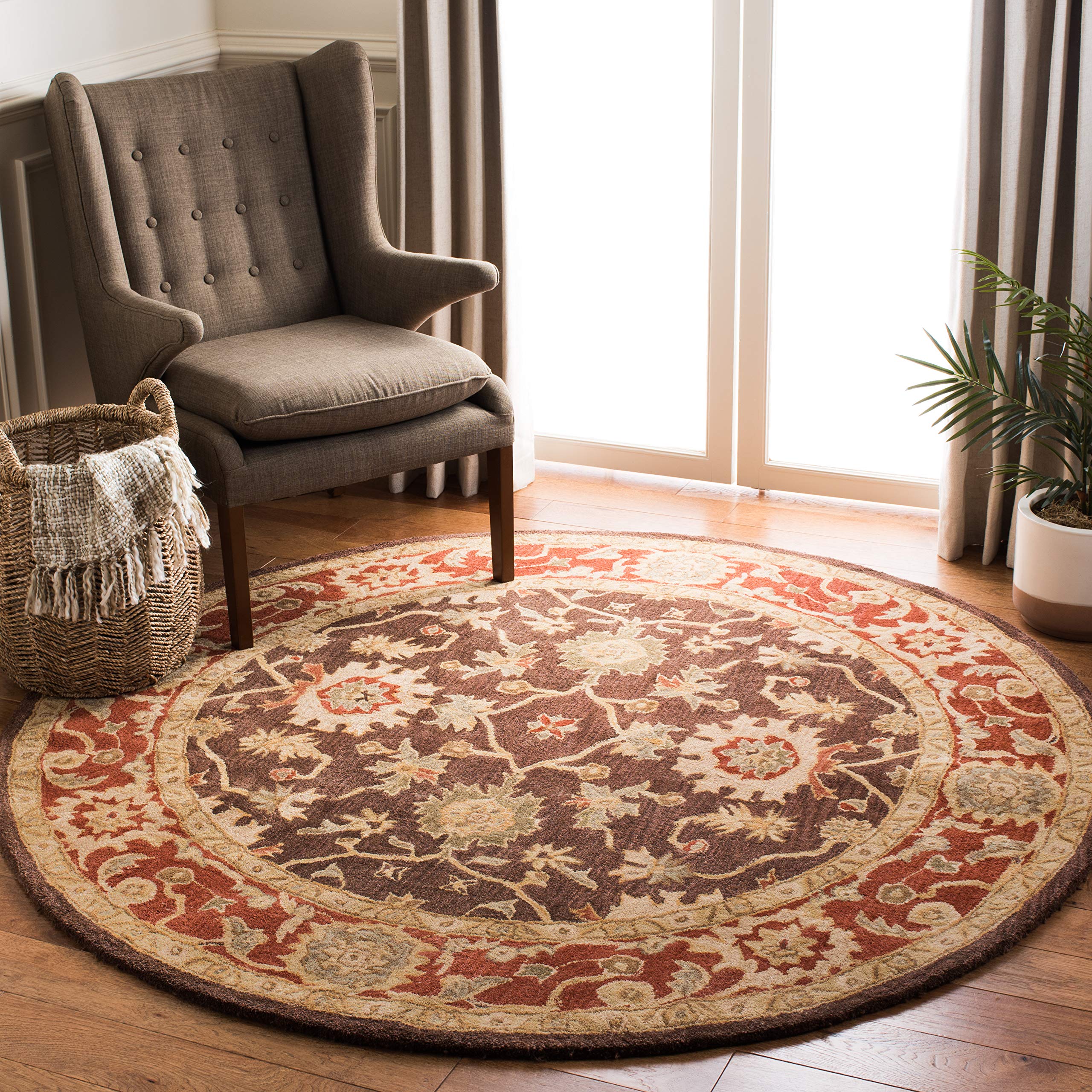SAFAVIEH Anatolia Collection 4' Round Olive/Rust AN554A Handmade Traditional Oriental Premium Wool Area Rug - Perfect for Living Room, Bedroom & Home Decor
