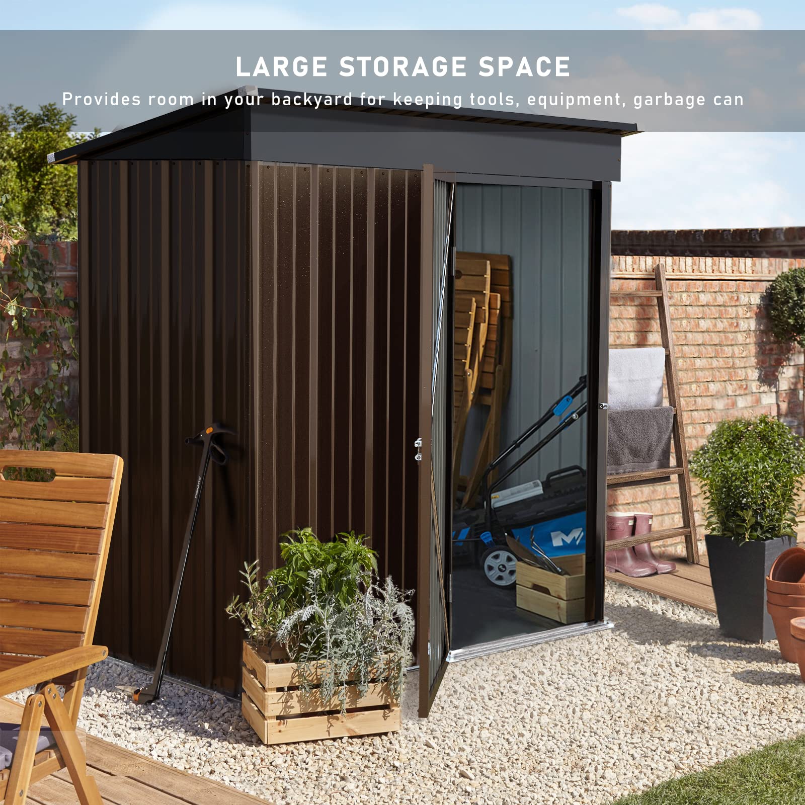 LEMBERI 5x3 FT Outdoor Storage Shed with Floor - Heavy Duty Galvanized Steel Garden Shed with Lockable Door, Waterproof & Rustproof Tool Shed for Backyard, Patio, Lawn (Brown) - Perfect for Storing Gardening Tools, Lawn Equipment & Outdoor Furniture
