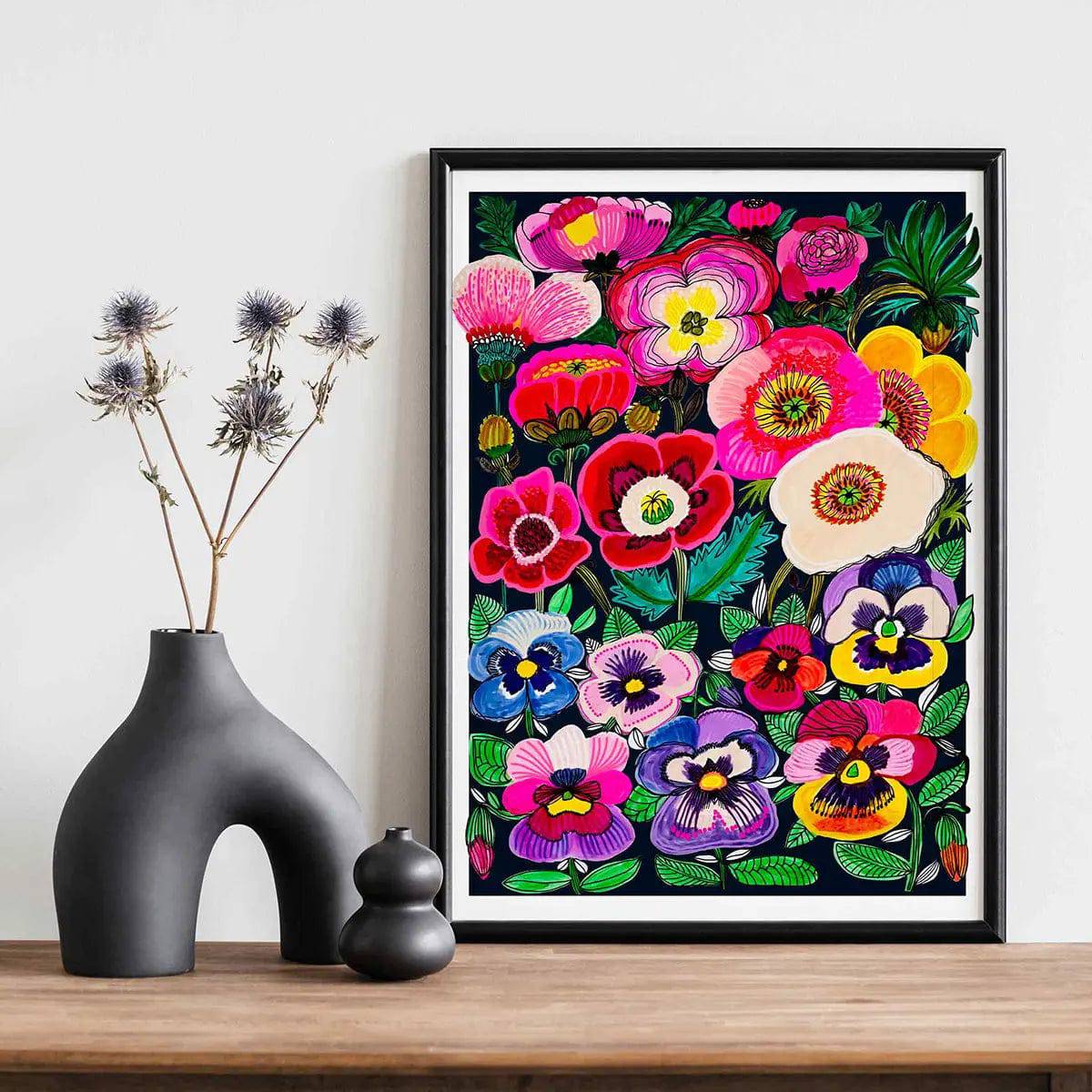 Midnight Pansies and Poppies Wall Art Print - Floral Botanical Painting for Living Room, Bedroom & Office Decor