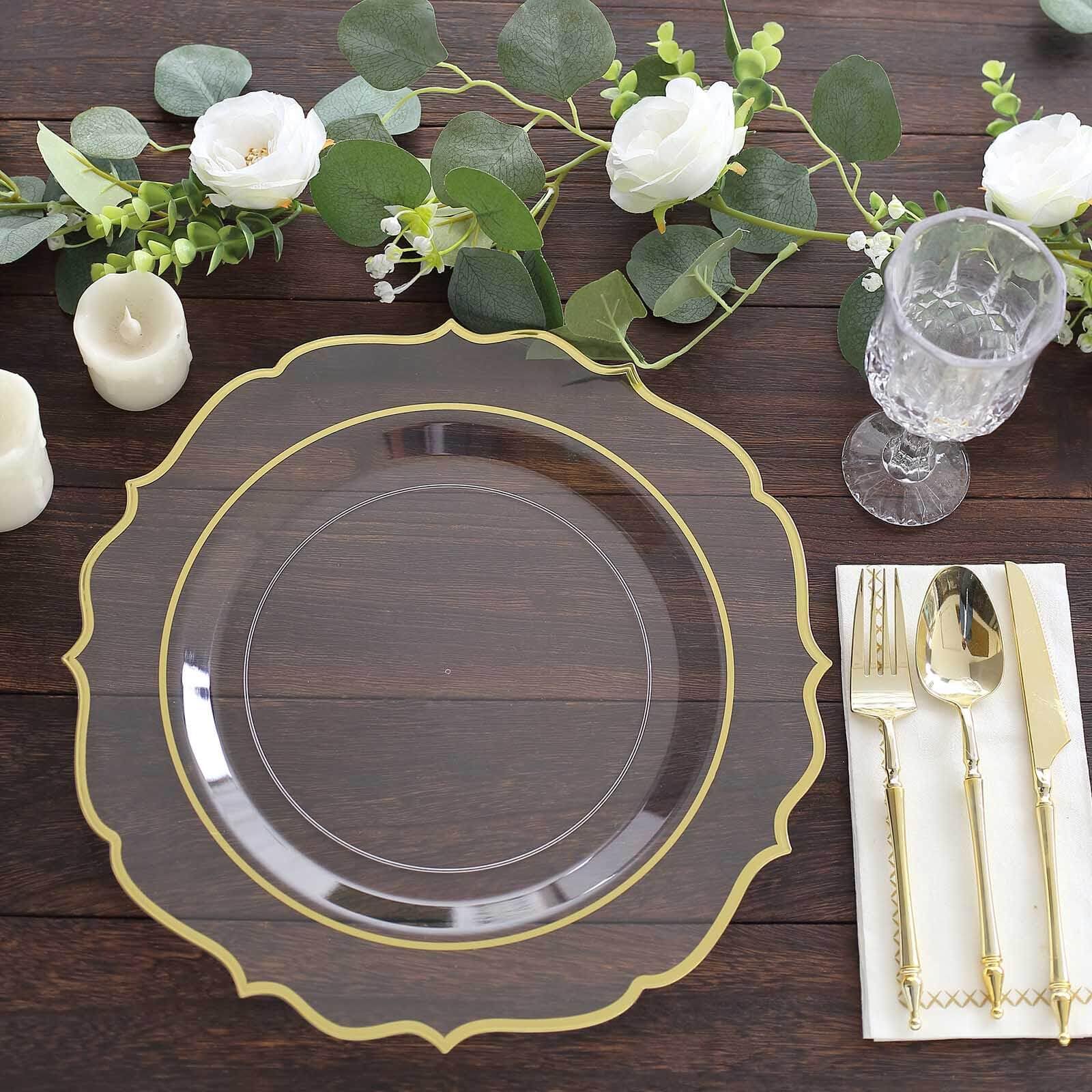 Efavormart 10 Pack Clear Plastic Dinner Plates with Gold Scalloped Rim - 13 Inch Round Decorative Charger Plates for Wedding, Party & Formal Dining Events