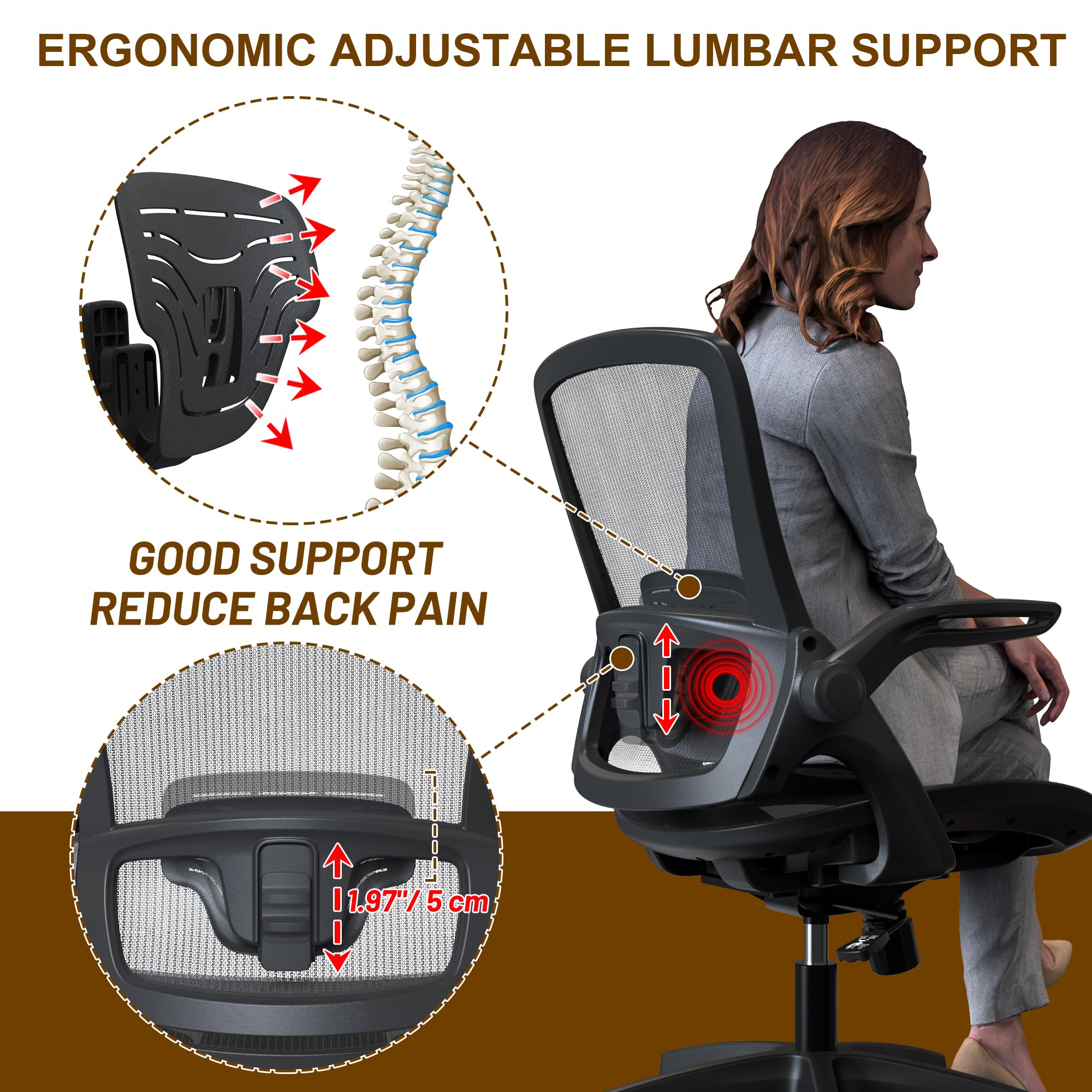 KOLLIEE Ergonomic Mesh Office Chair with Adjustable Lumbar Support & Flip-Up Arms - Breathable Swivel Computer Desk Chair for Home Office, Gaming & Workspace - Black