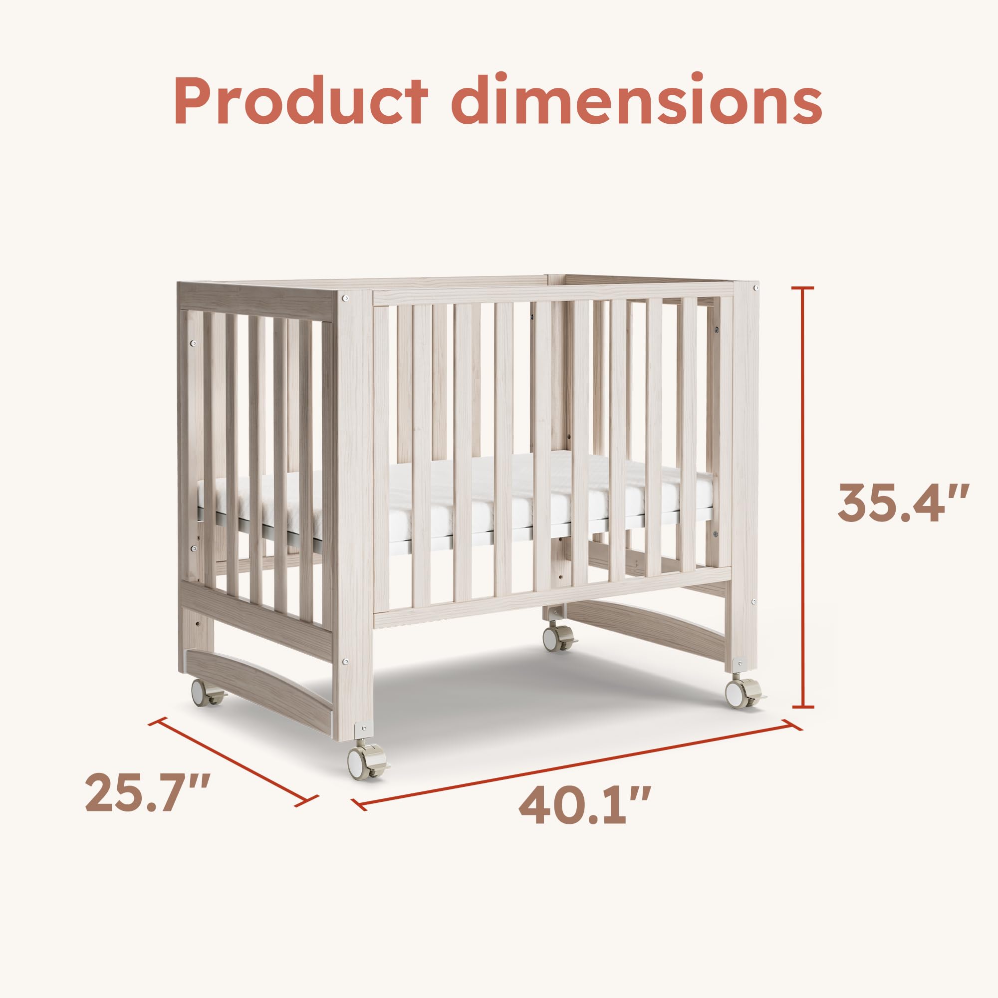 EvoNest 6-in-1 Convertible Baby Crib with Wheels | 100% New Zealand Pinewood Mini Crib | 4 Adjustable Mattress Heights | Washable Natural Finish | Perfect for Nursery, Small Spaces & Growing Babies