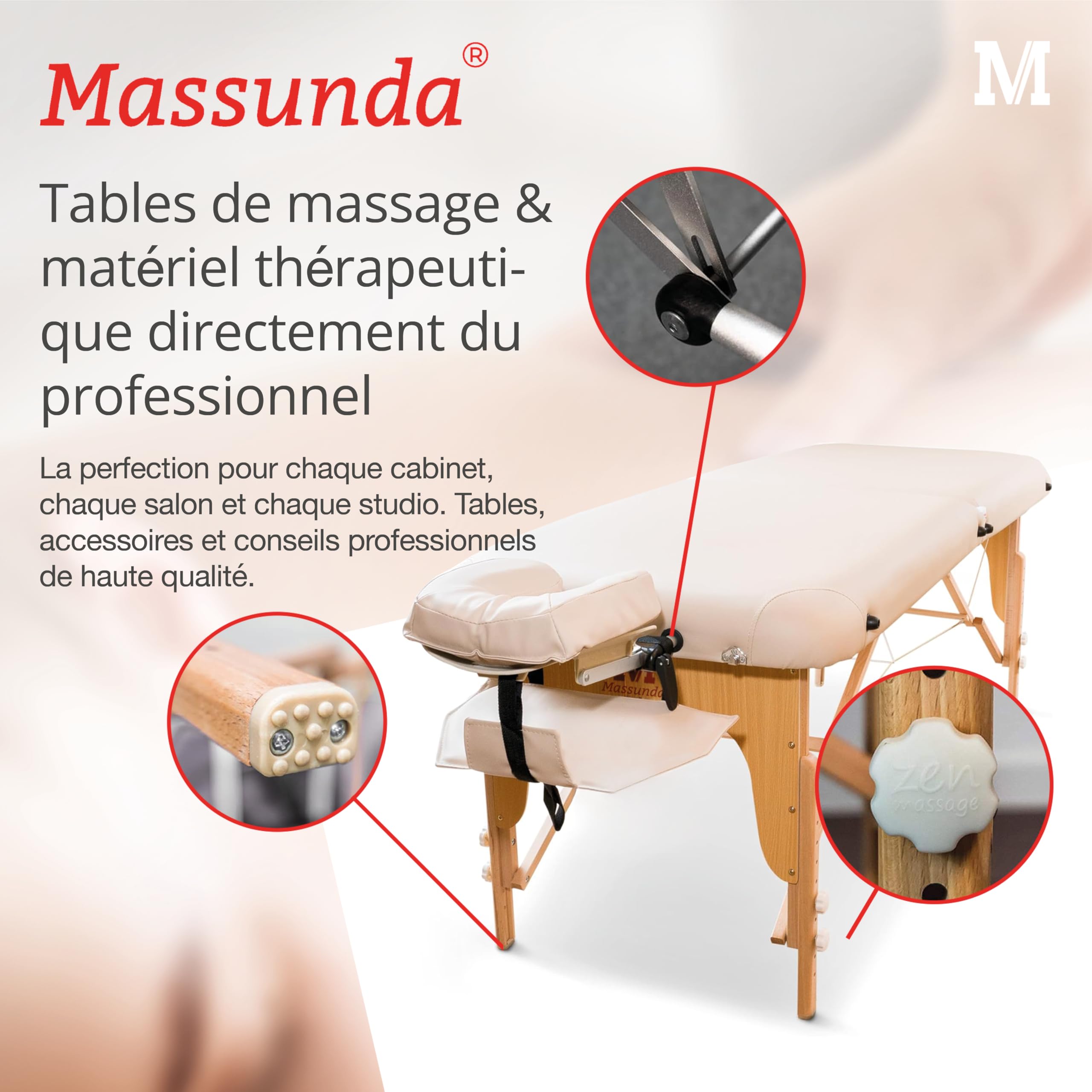MASSUNDA Comfort Deluxe Adjustable Height Folding Massage Table - Solid Wood Portable Massage Bed with Armrests, Neck Support Pillow & Ergonomic Headrest (Beige) for Home, Spa & Professional Therapists