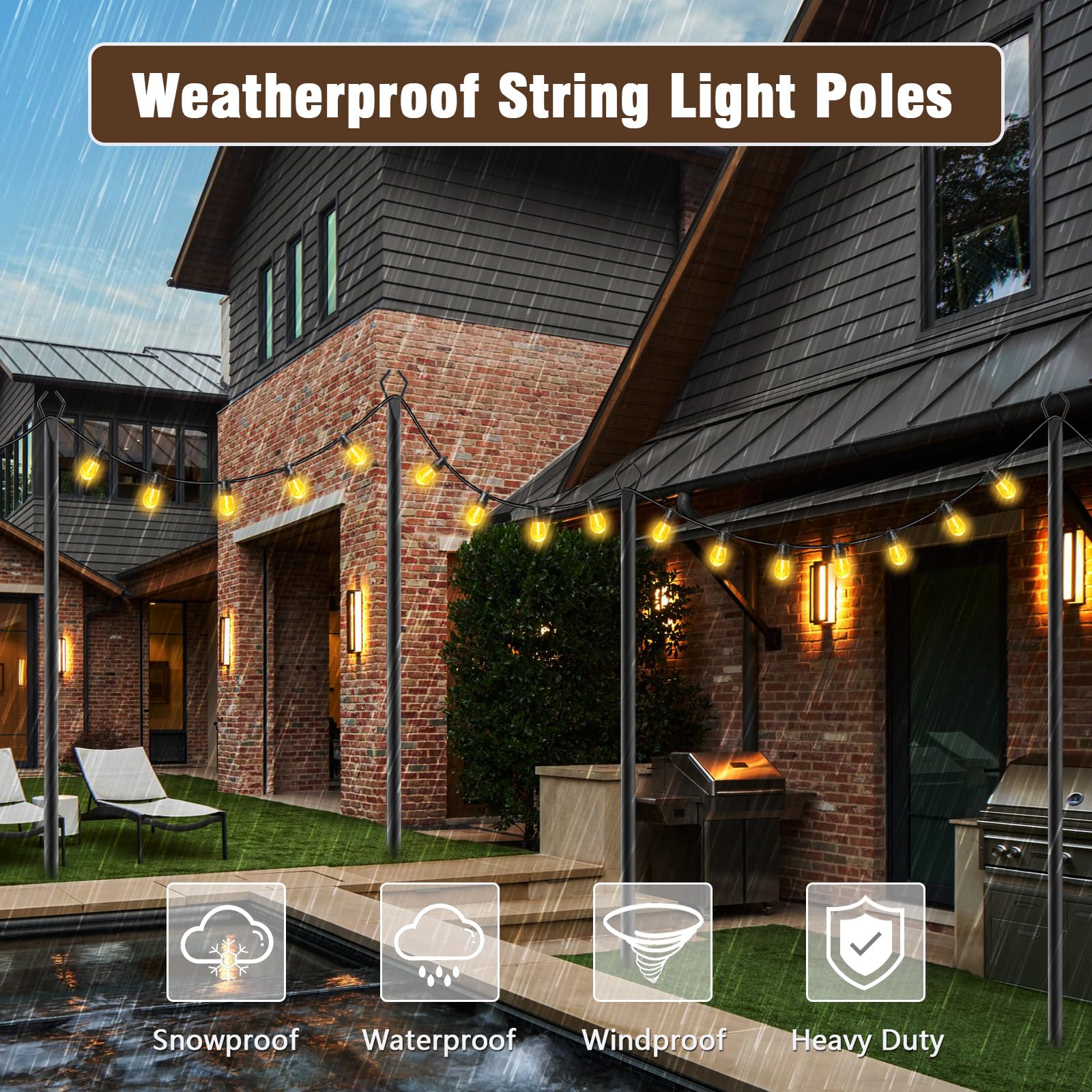 10Ft String Light Poles 4 Pack - Outdoor Metal Stand with Fence Brackets for Deck, Patio & Backyard Lighting - Perfect for Hanging String Lights, Garden Parties & Outdoor Decor