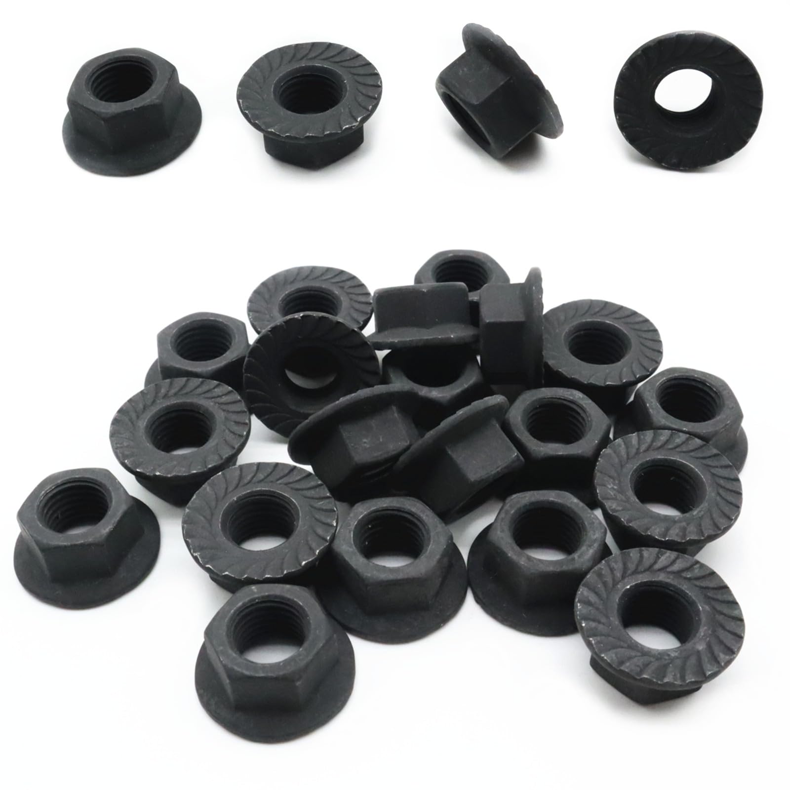 20Pcs M10 x 1.25mm Carbon Steel Serrated Flange Lock Nuts - Metric Hex Flange Nuts with Bright Black Finish - Perfect for Automotive, Machinery & DIY Projects