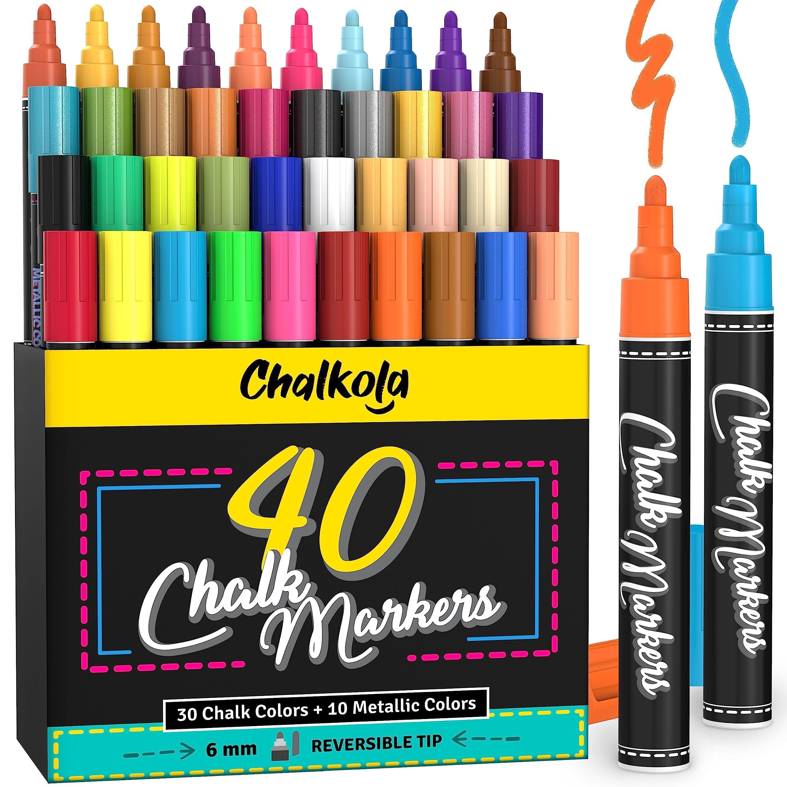 Chalkola 40 Pack Liquid Chalk Markers - Neon, Pastel & Metallic Colors - Reversible 6mm Tip for Chalkboard, Blackboard, Windows, Glass & More - Wet Wipe Erasable Ink - Perfect for Restaurants, Classrooms, Retail Signs & DIY Projects