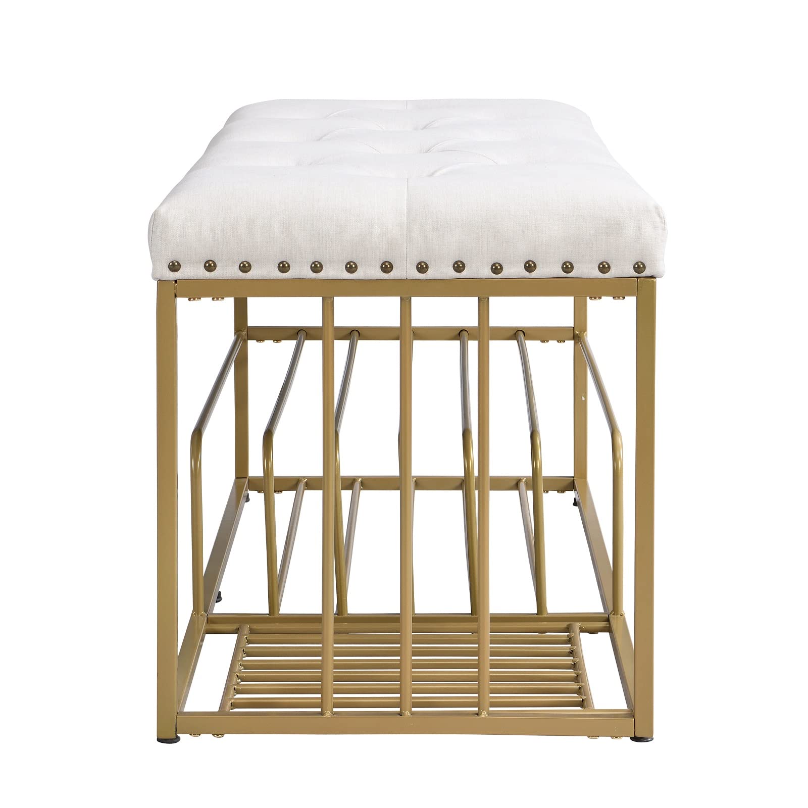 Linen Storage Bench with Tufted Padded Seat - Gold Metal Frame Ottoman Shoe Bench for Entryway, Bedroom, Living Room & Mudroom - Beige Home Decor for Small Space Organization