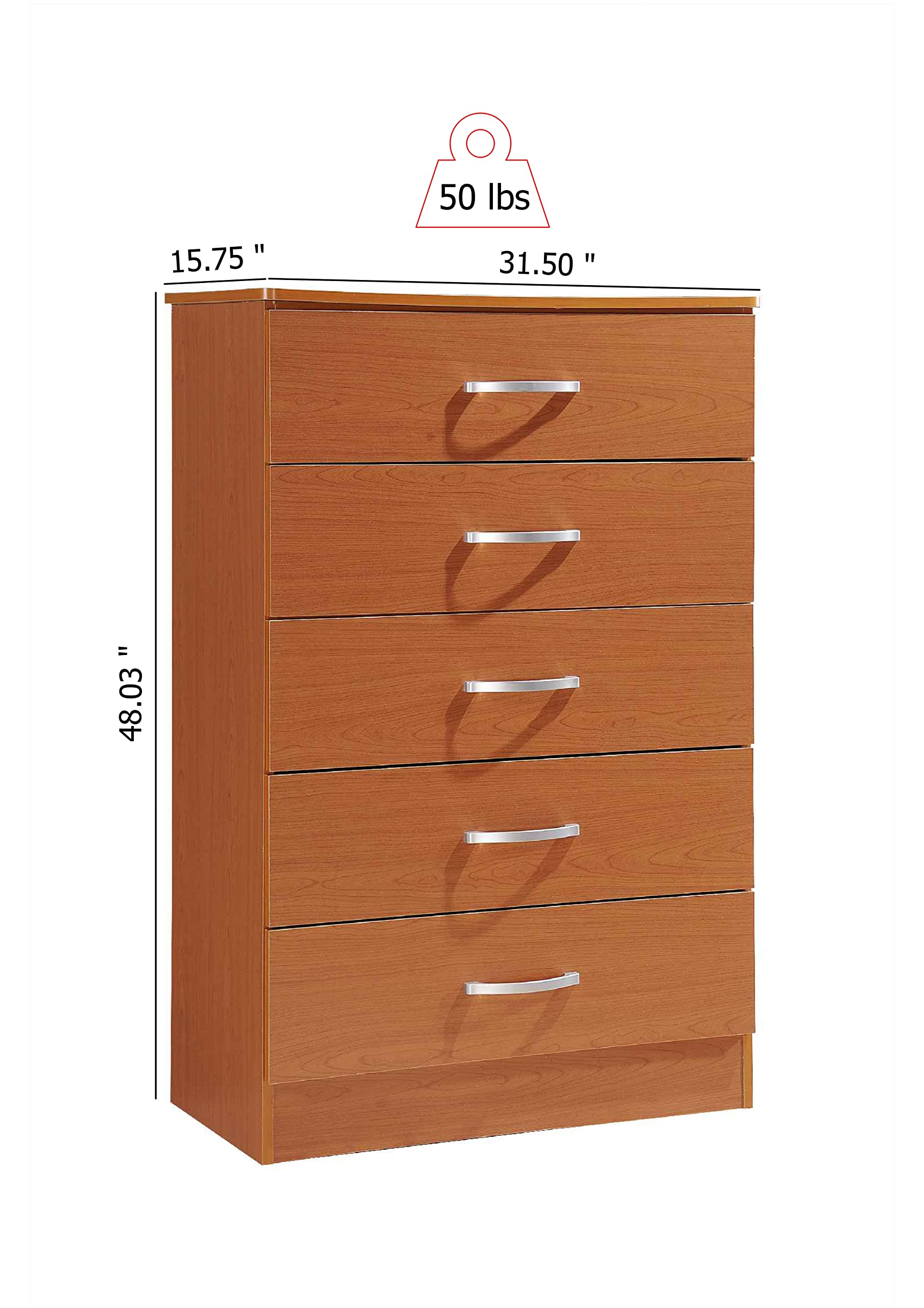 HODEDAH 5-Drawer Wood Dresser - Cherry Finish, 47.8x31.8
