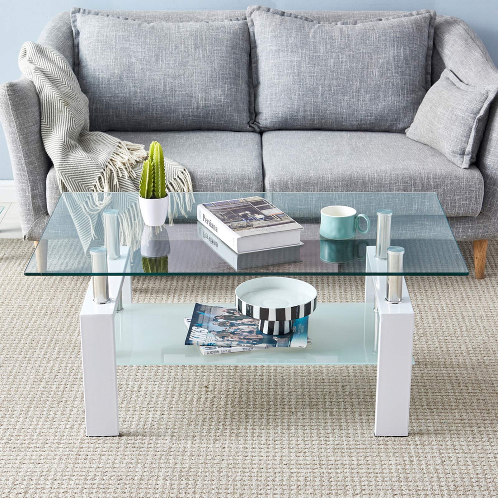 Modern Rectangle Glass Coffee Table with Sturdy Metal Frame & Storage Shelf - White | Minimalist Living Room Furniture for Sofa & Side Table Use | Durable & Stylish Home Decor for Small Spaces