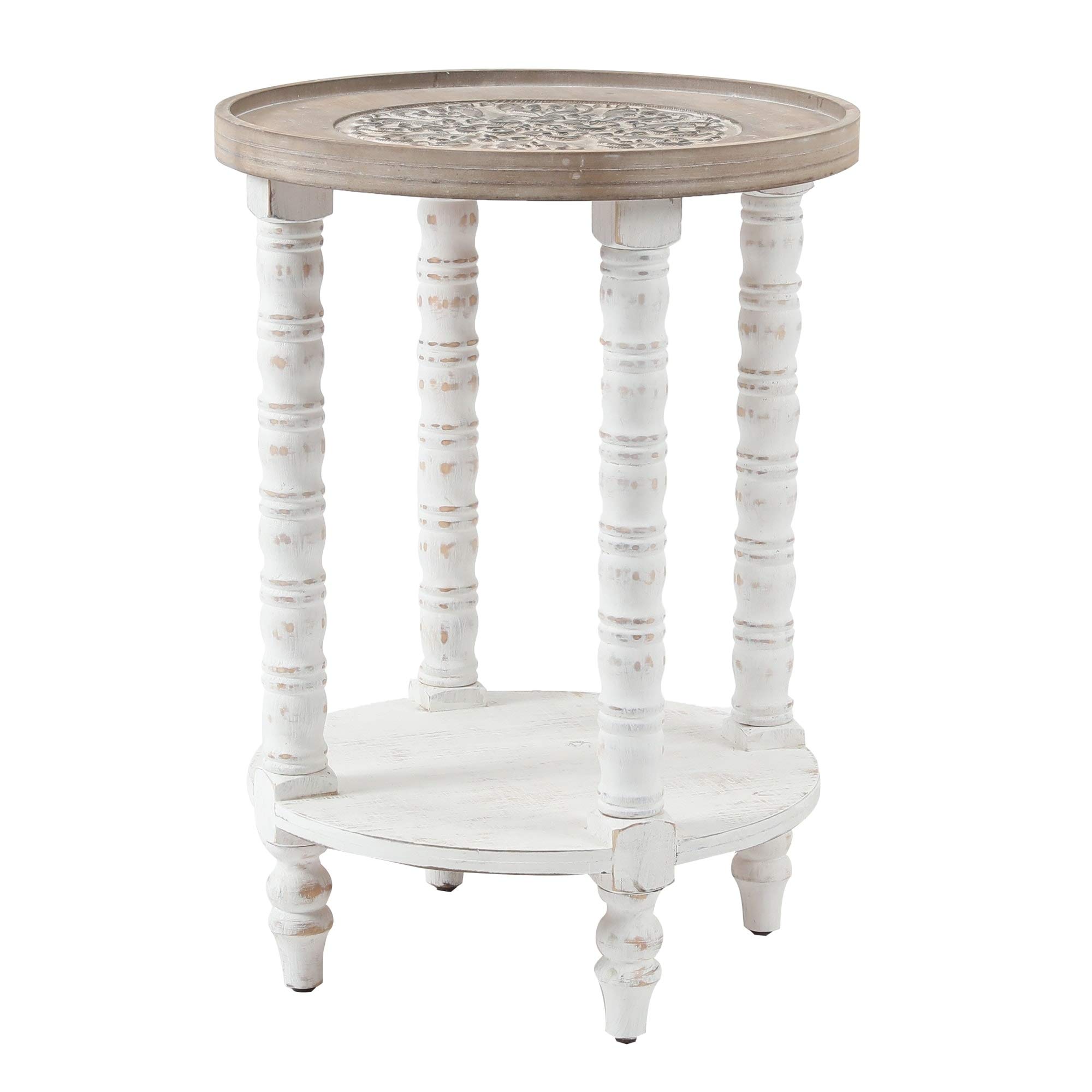 Distressed White Wood Round Accent Table with Shelf - Natural MDF Finish for Living Room, Bedroom & Entryway Decor