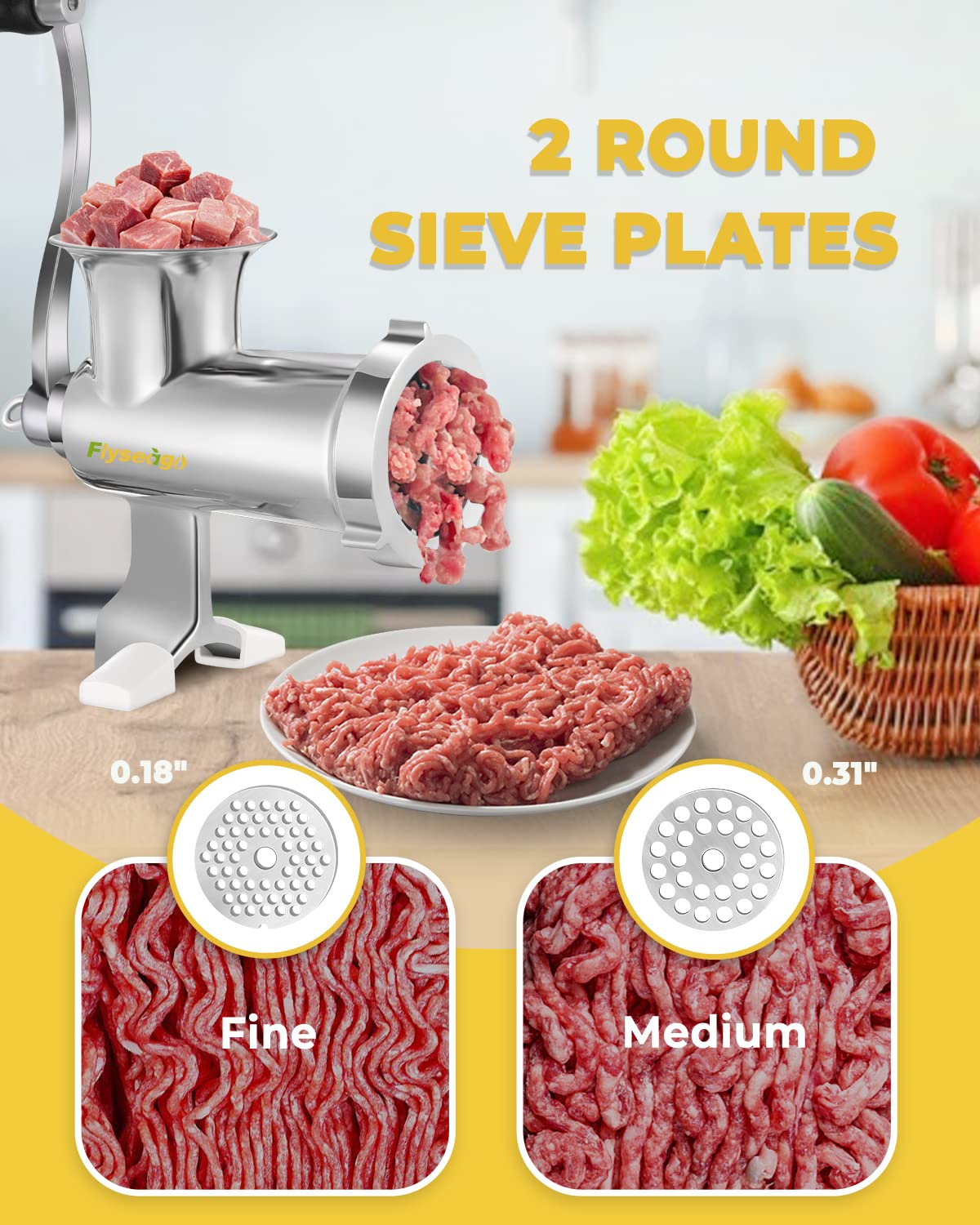 Stainless Steel Manual Meat Grinder - Heavy Duty Hand Cranked Food Mincer for Ground Beef, Sausage, Vegetables | Home Kitchen Use, Camping & Outdoor Cooking | Dishwasher Safe (#10 Size)