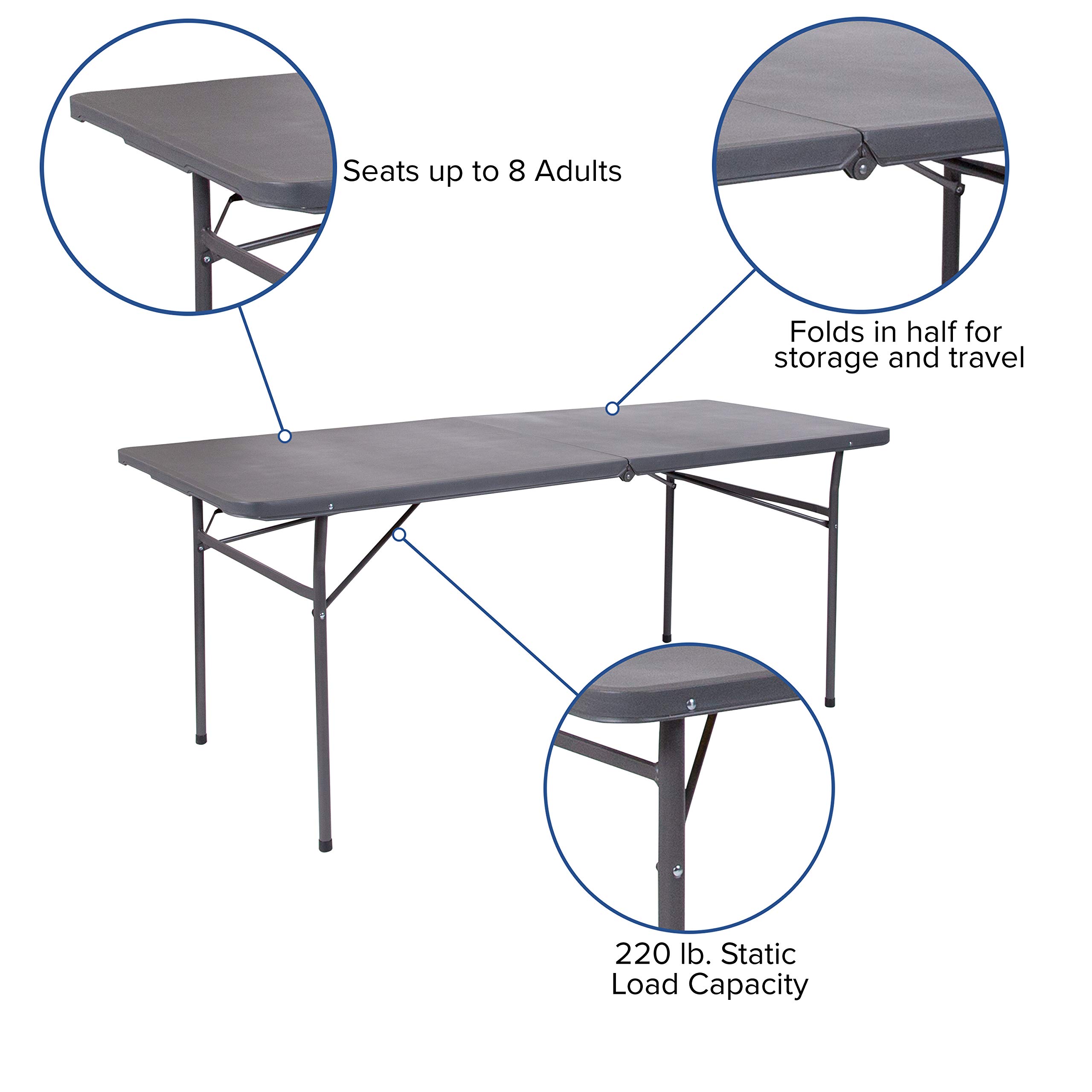 6-Foot Bi-Fold Dark Gray Plastic Folding Table with Carrying Handle - Portable & Sturdy for Parties, Events, Camping & Home Use