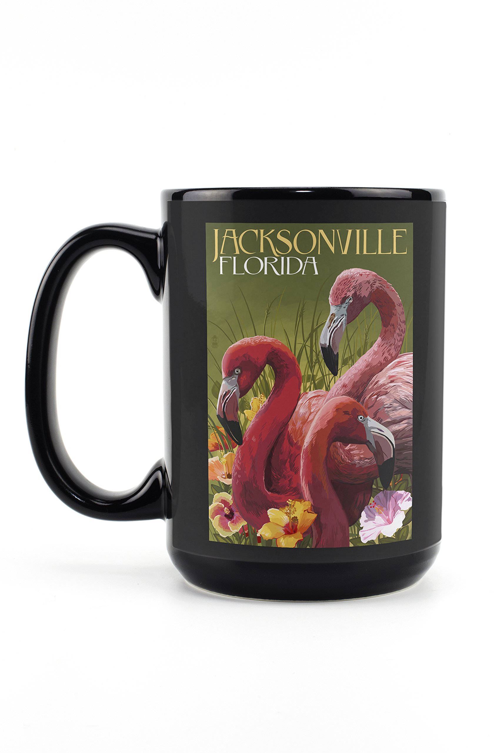 15oz Black Ceramic Coffee Mug with Jacksonville Florida Flamingos Design - Microwave & Dishwasher Safe - Perfect for Home, Office or Gift