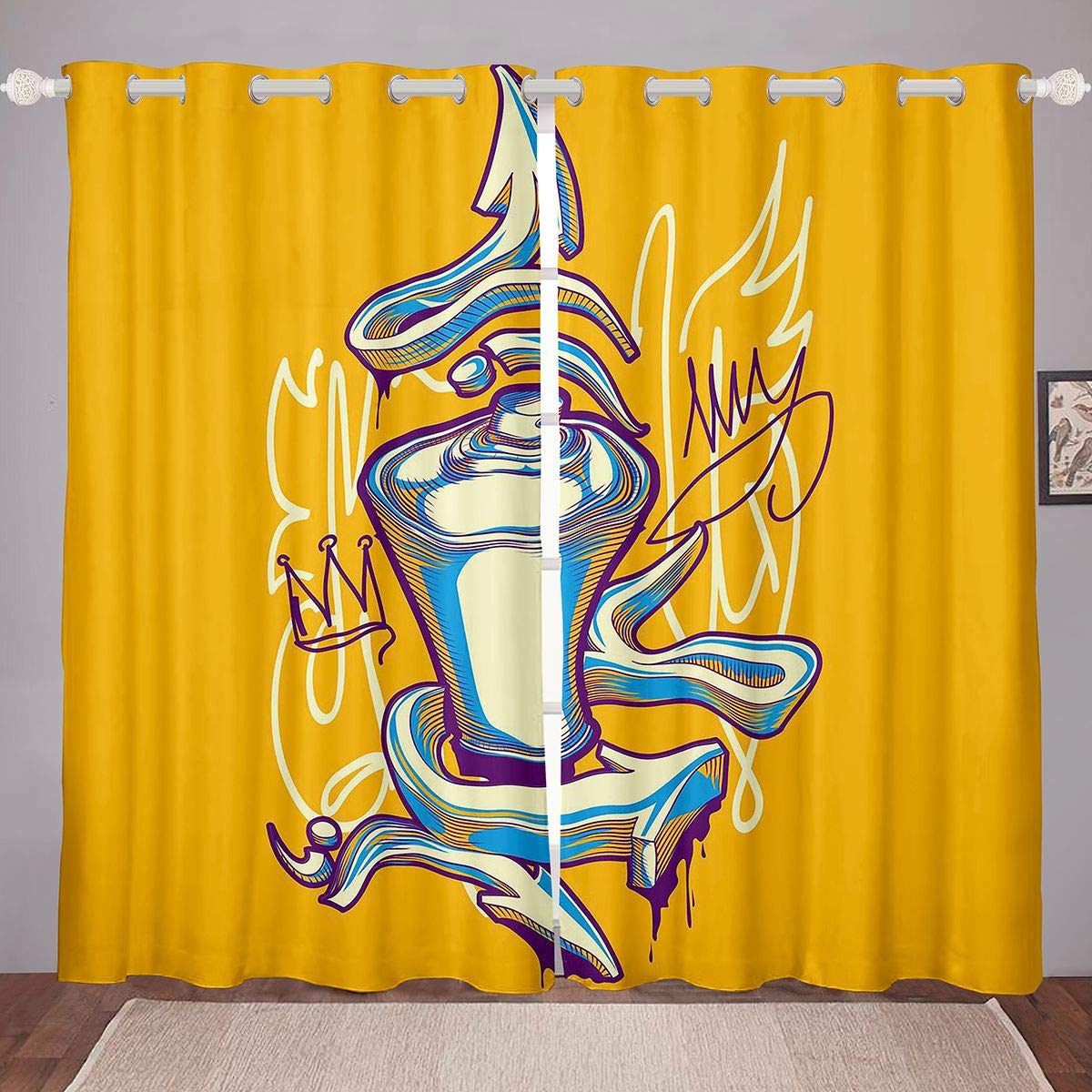 Feelyou Graffiti Style Curtains - Hip Hop Design Window Treatments for Kids & Teens - Modern Bright Yellow Blackout Drapes with Arrow Decor - Ultra Soft Fabric (2 Panels, 38x54 Inches) - Perfect for Bedroom, Playroom & Dorm Room Decor
