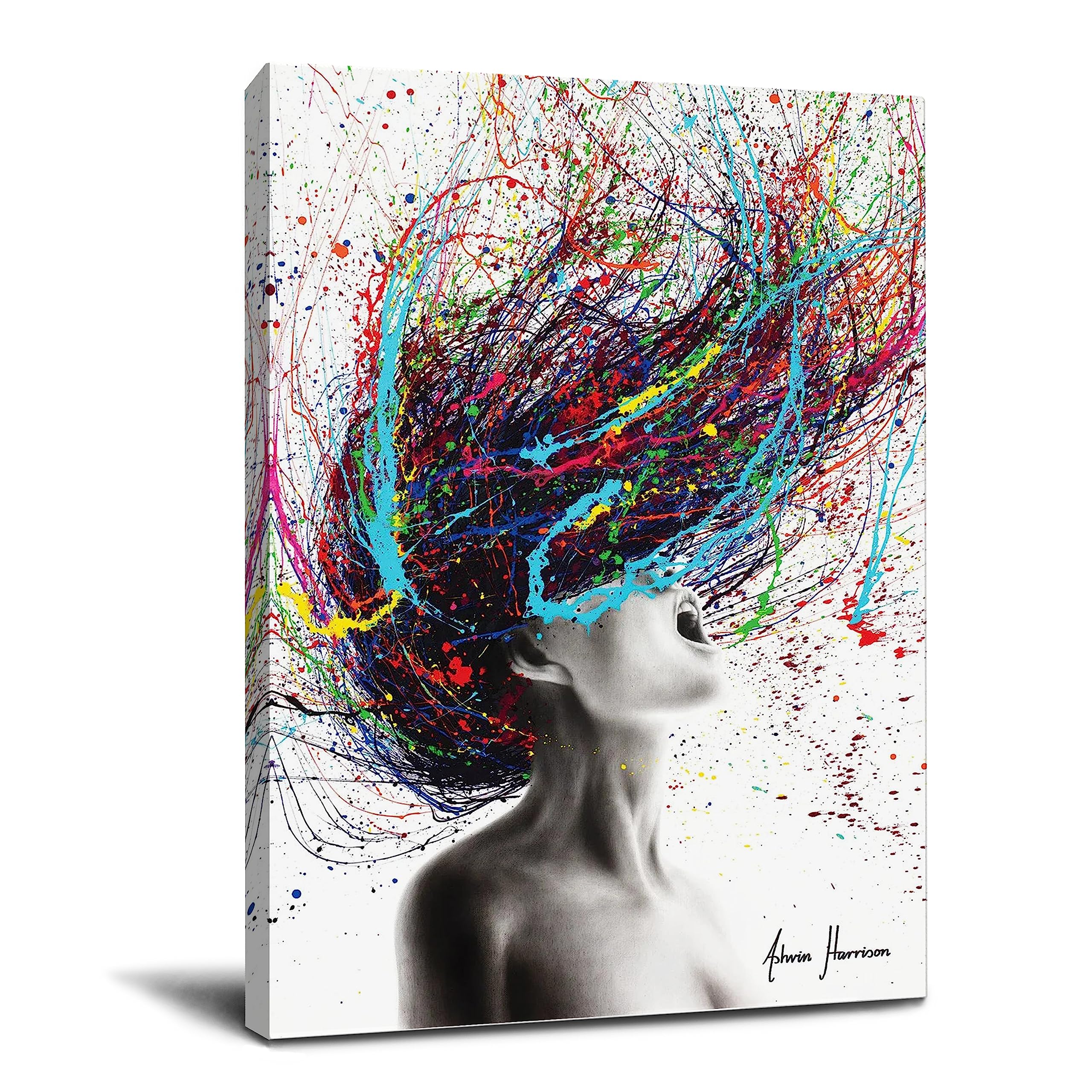 African American Girl Colorful Hairstyle Canvas Print - 16x20 Inch Framed Wall Art for Living Room & Bedroom Decor - Ready to Hang Abstract Women Body Art - Perfect for Hair Salon, Dance Studio & Home Decor Gifts