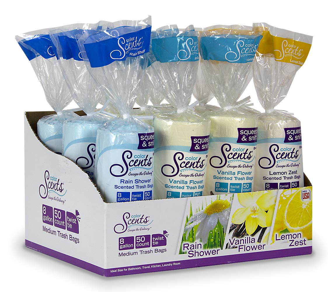 Color Scents Medium Trash Bags 8 Gallon - 600 Count Scented Kitchen & Office Garbage Bags with Twist Ties, Multi-Colored Lightweight Waste Bags for Laundry Room, Bathroom & Home Use (12 Packs of 50)