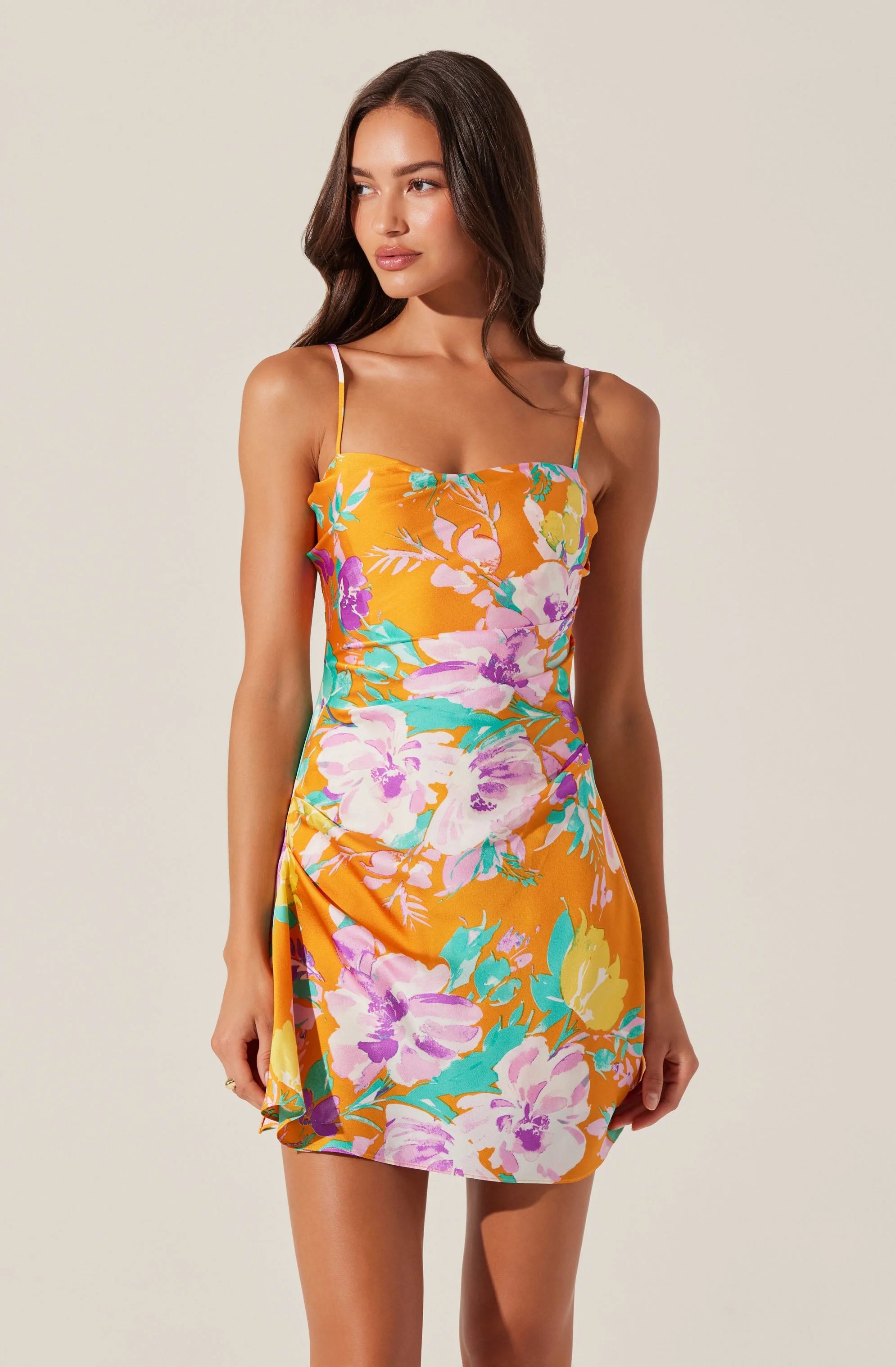 Cerinthe Satin Floral Mini Dress - Orange Multi Color Summer Party Cocktail Dress for Women | Beach Wedding, Date Night, Vacation Outfit