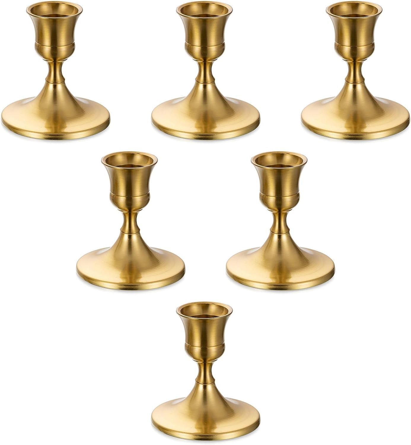Romadedi 6-Piece Gold Brass Candlestick Holders for Taper Candles - Elegant Table Centerpiece for Weddings, Christmas Mantel Decor, and Home Decoration | Perfect for Dining Tables, Fireplace Displays & Holiday Celebrations