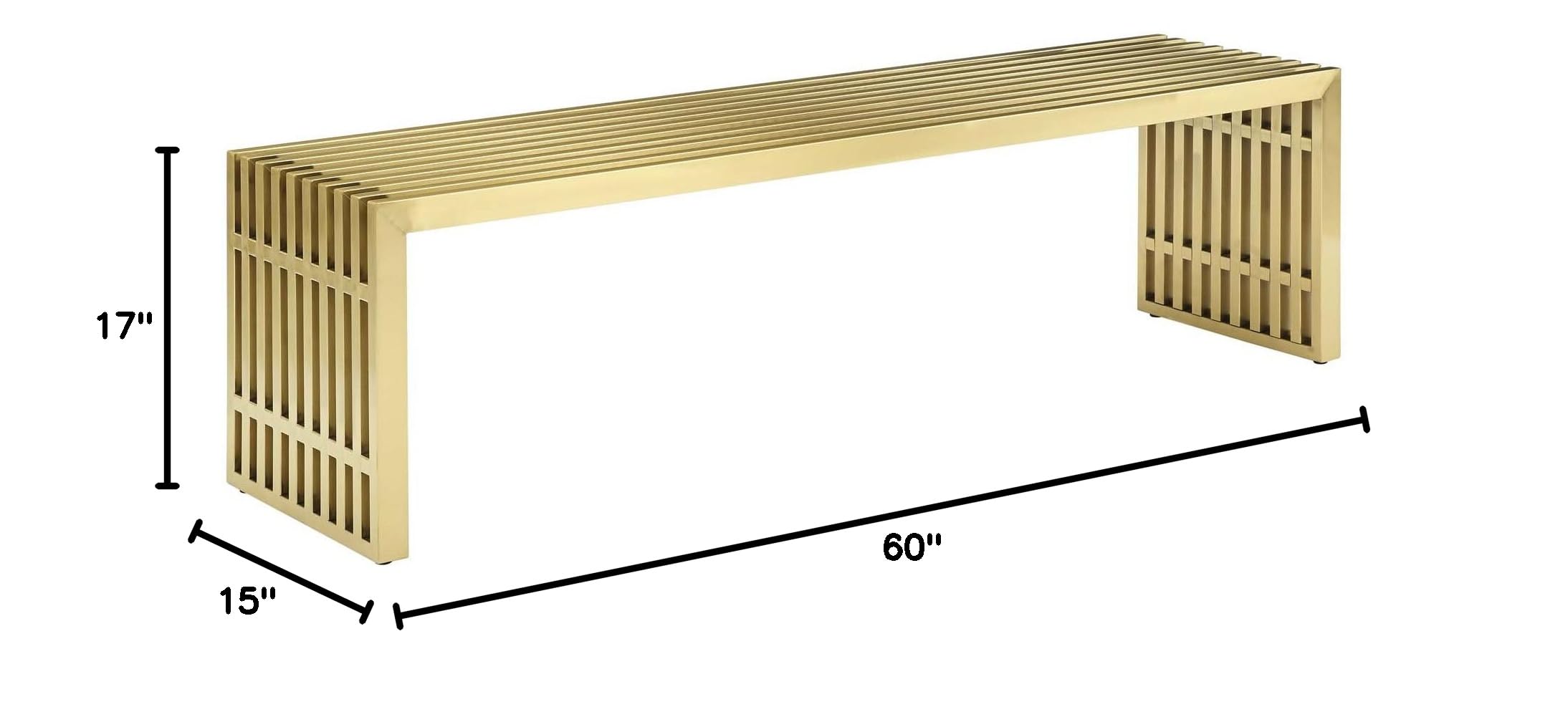 Modway Gridiron Contemporary Modern Gold Stainless Steel Large Bench - 60 Inch Entryway Bench with Cushion, Sturdy Metal Frame for Living Room, Bedroom, or Hallway Decor