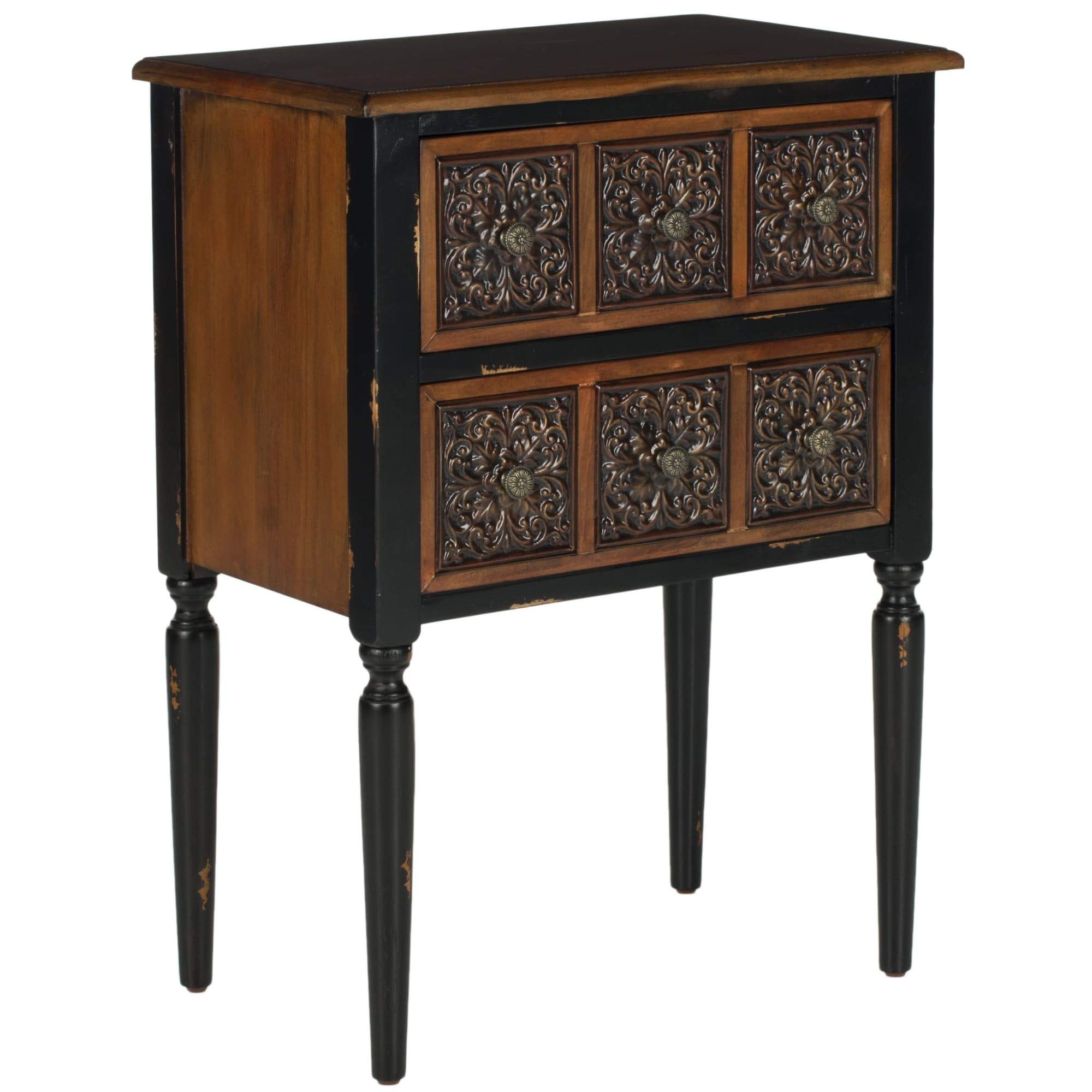 Vintage Dark Brown Wooden Side Table with Lacquered Drawers - 22.5